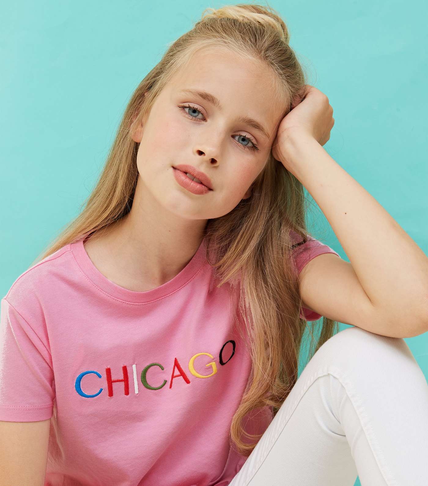 Girls Pink Chicago Embroidered Tie Front T-Shirt Image 5