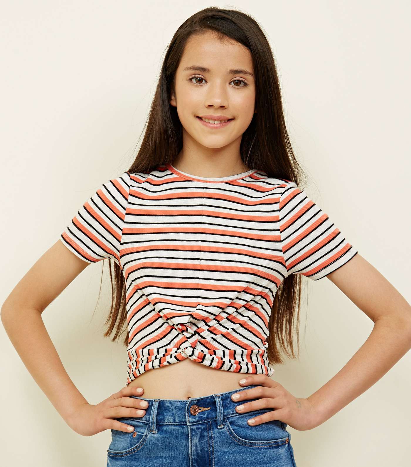 Girls Orange Stripe Ribbed Twist Front T-Shirt