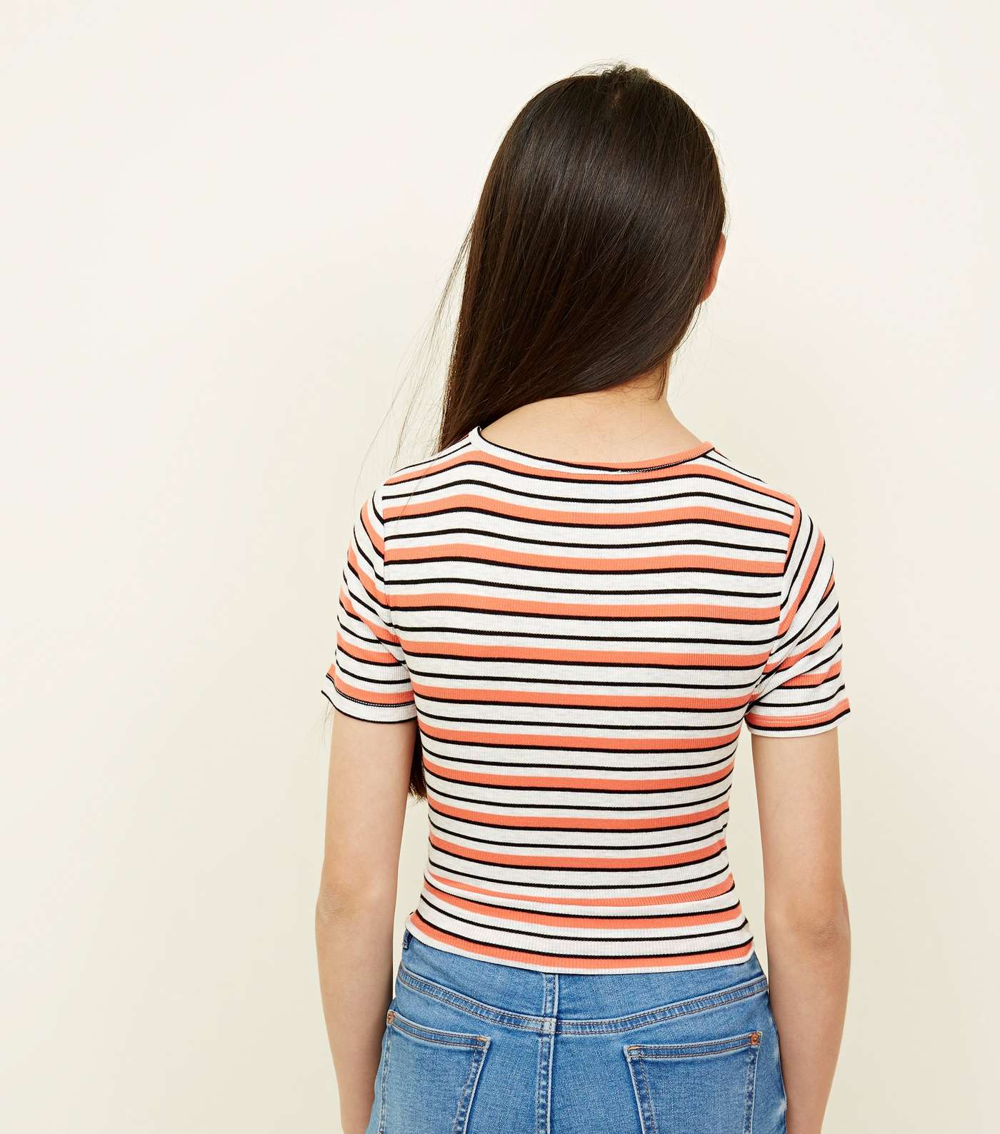 Girls Orange Stripe Ribbed Twist Front T-Shirt Image 3