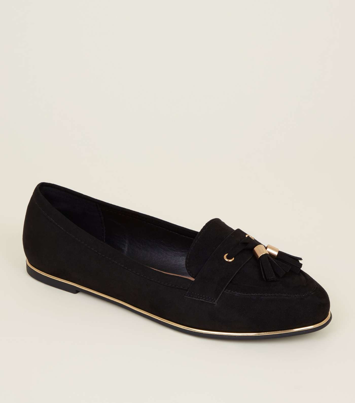 Wide Fit Black Suedette Metal Piped Tassel Loafers