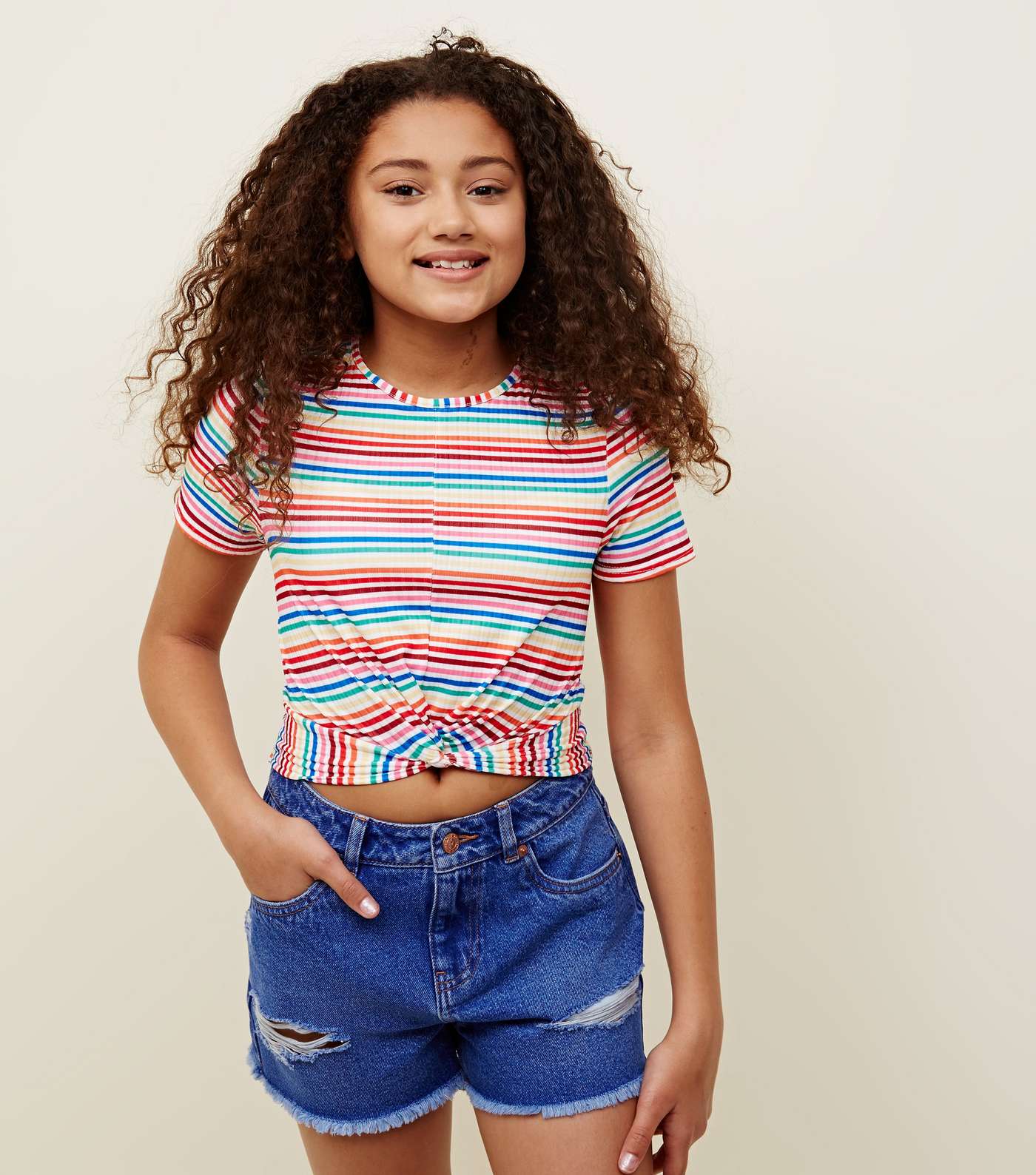 Teens Rainbow Stripe Twist Front T-Shirt