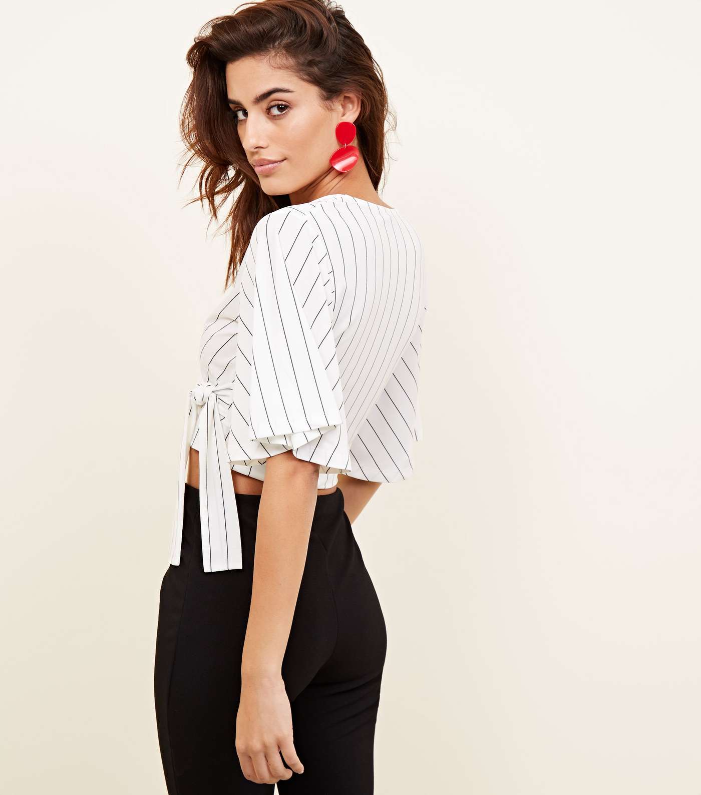 White Pinstripe Wrap Front Cropped Blouse Image 3