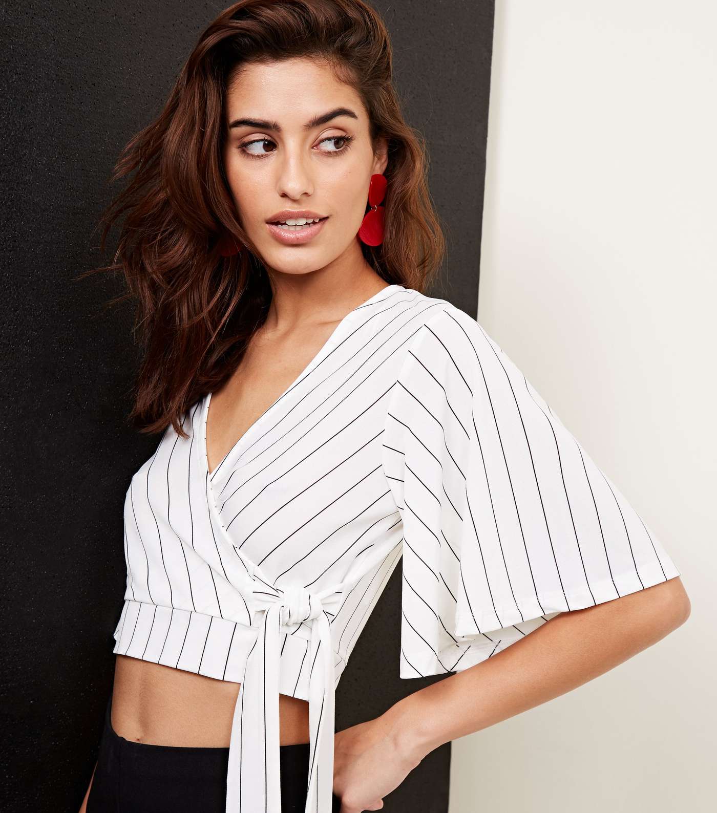 White Pinstripe Wrap Front Cropped Blouse Image 5