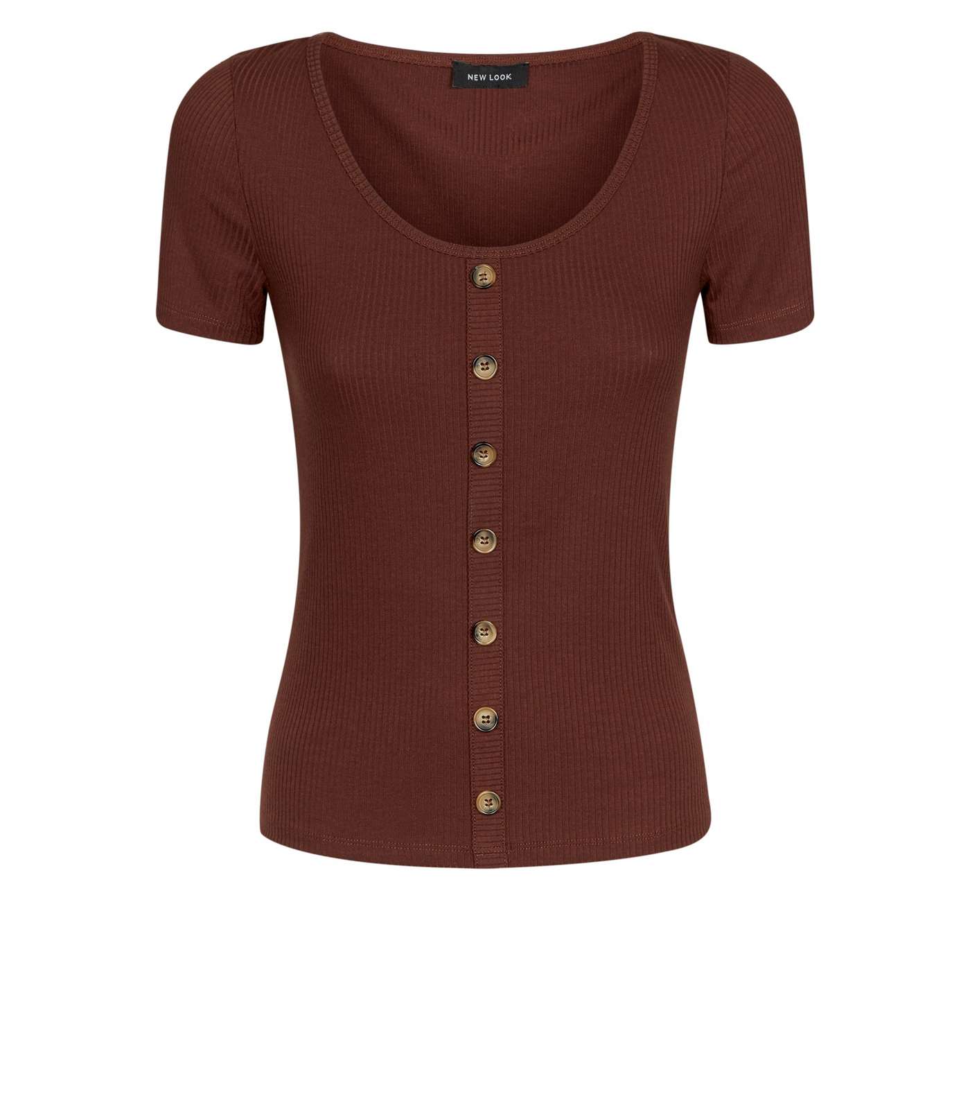 Dark Brown Button Through Ribbed T-Shirt Image 4