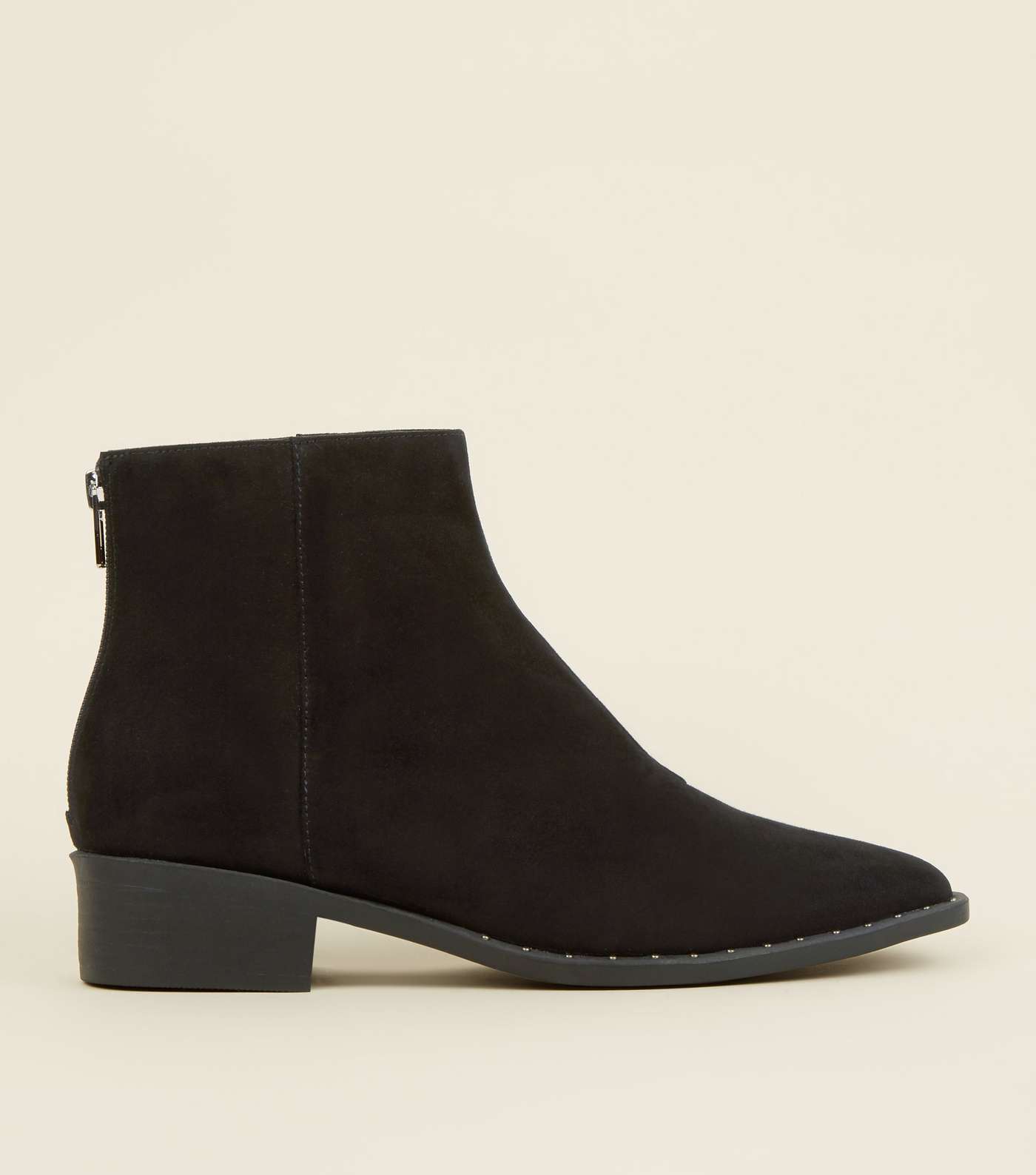 Black Suedette Stud Trim Pointed Ankle Boots