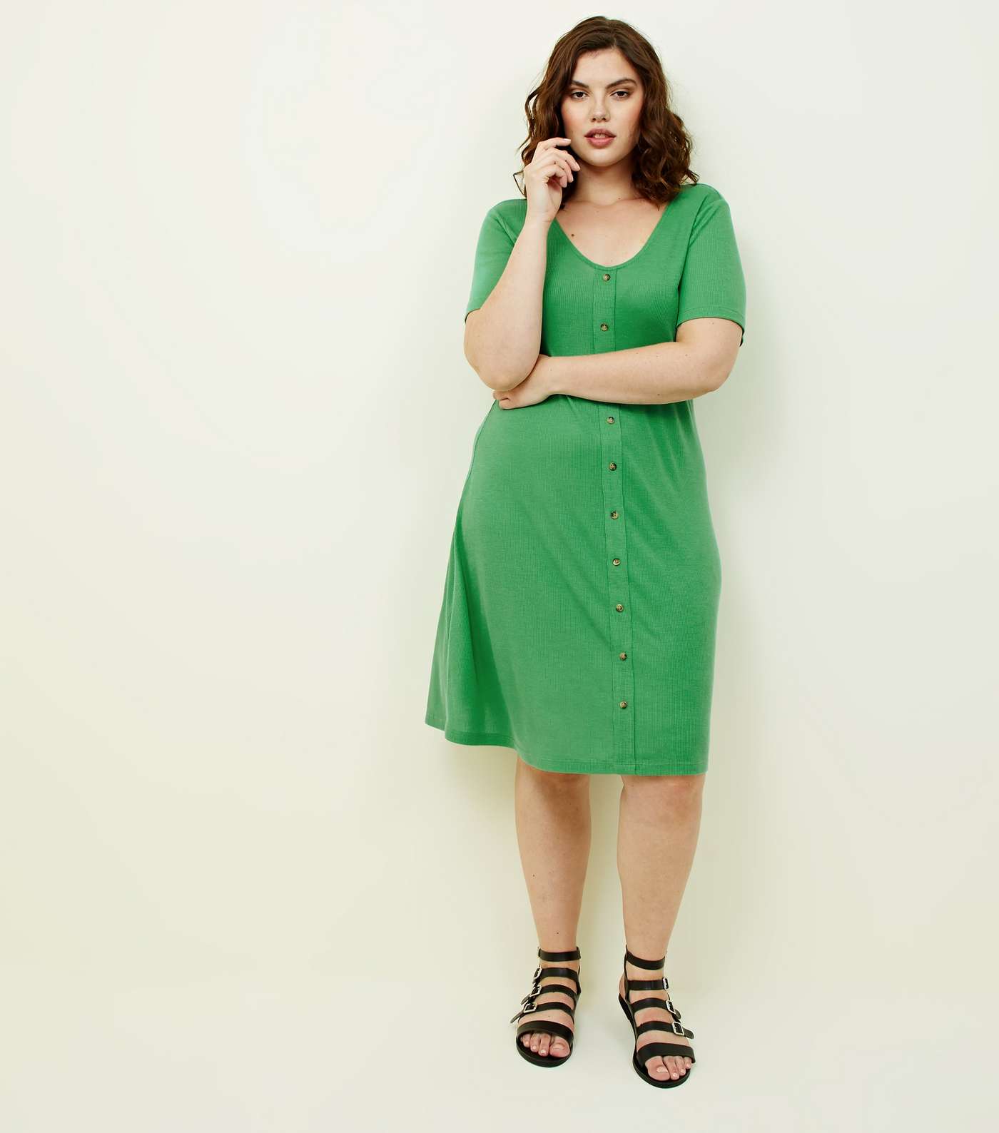 Curves Green Ribbed Jersey Button Front Dress