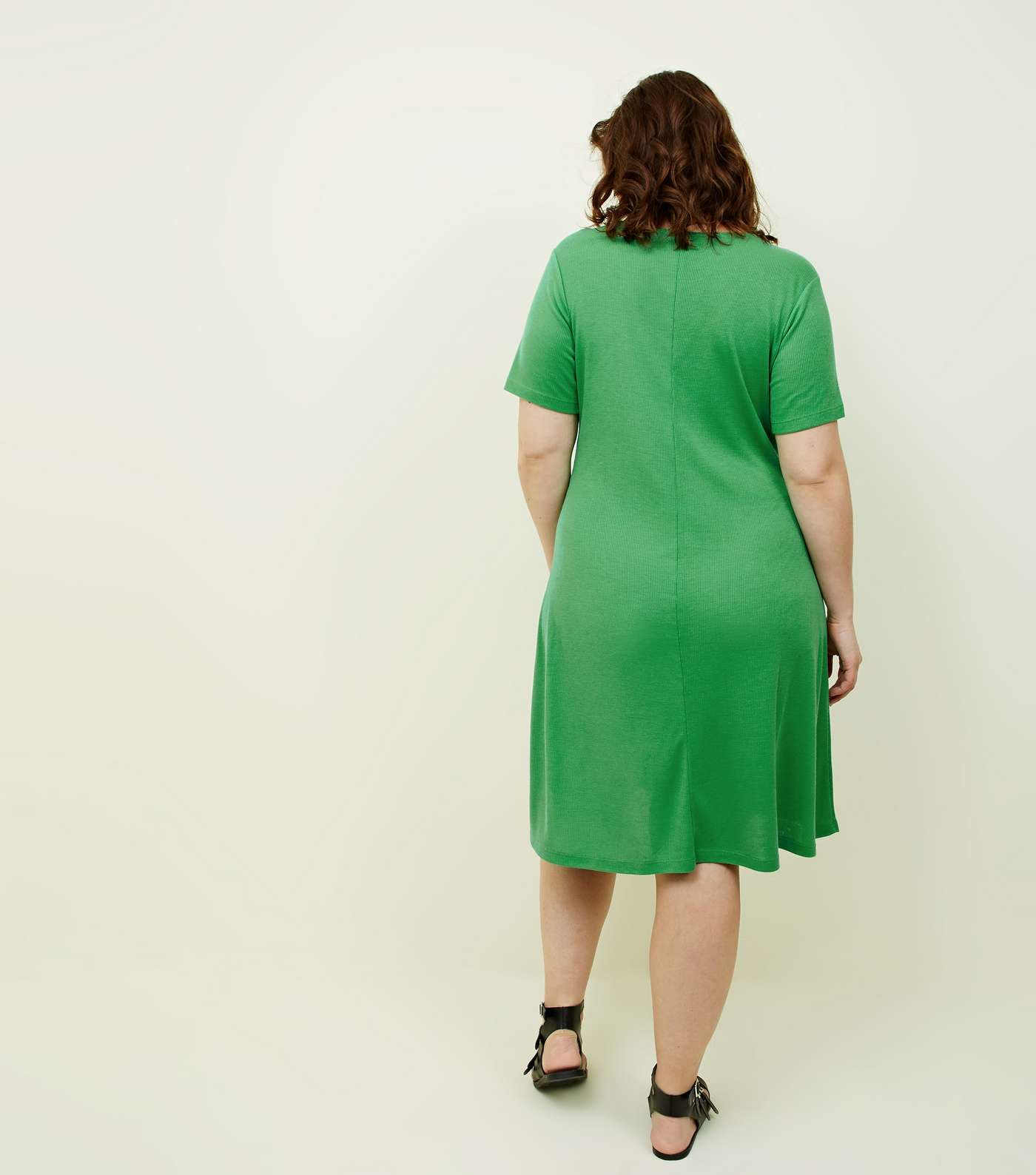 Curves Green Ribbed Jersey Button Front Dress Image 3
