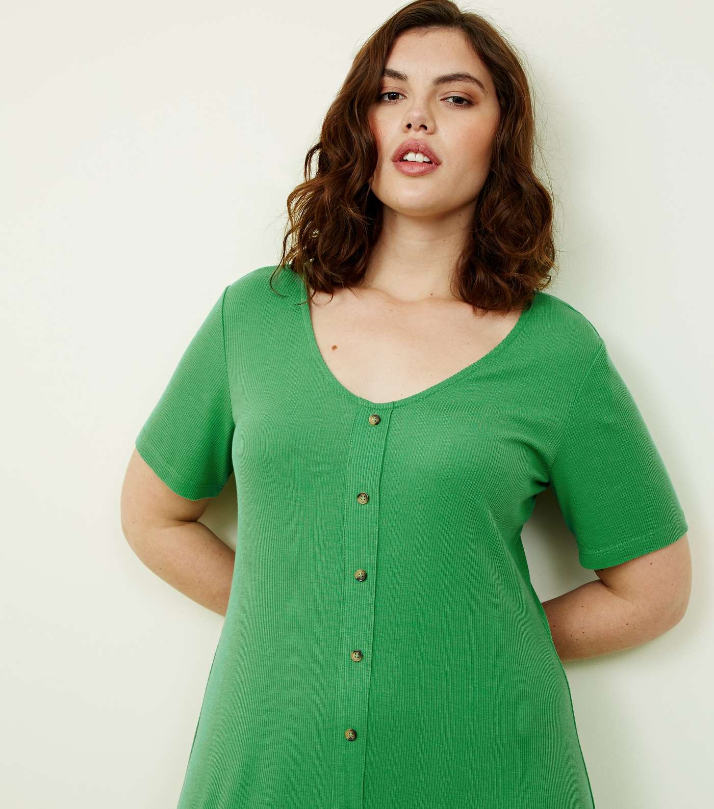 Curves Green Ribbed Jersey Button Front Dress Image 5