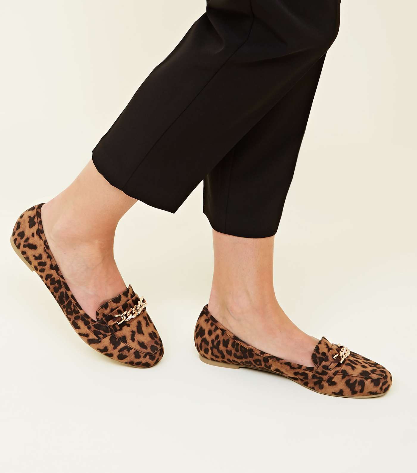 Wide Fit Tan Leopard Print Chain Loafers Image 2