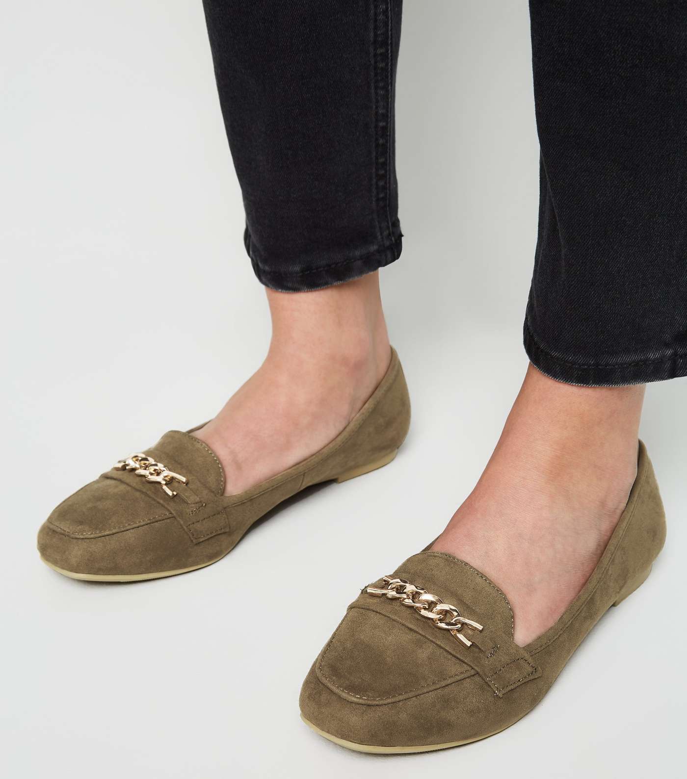Wide Fit Khaki Suedette Chain Loafers Image 2
