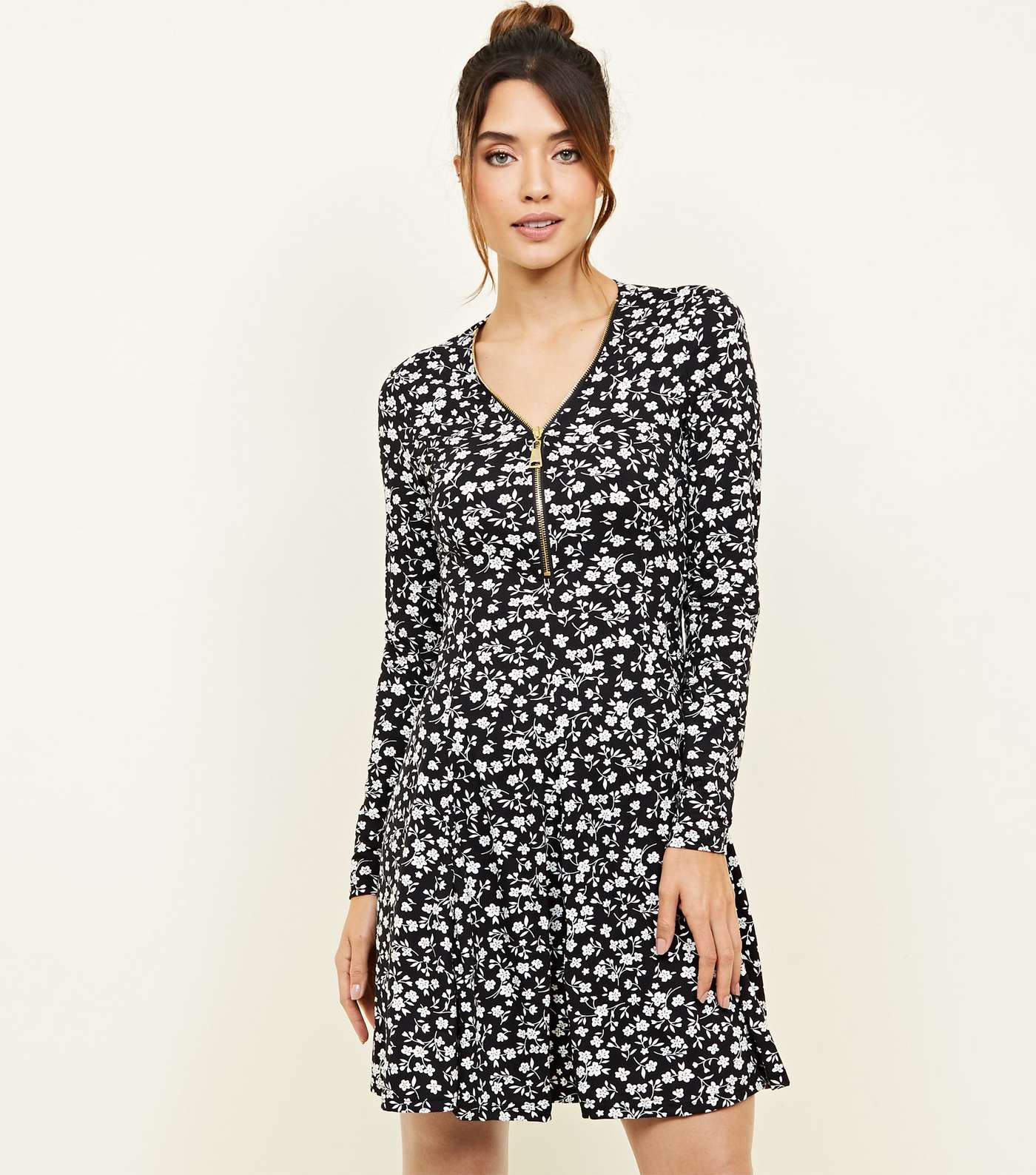 Black Ditsy Floral Zip Neck Soft Touch Swing Dress