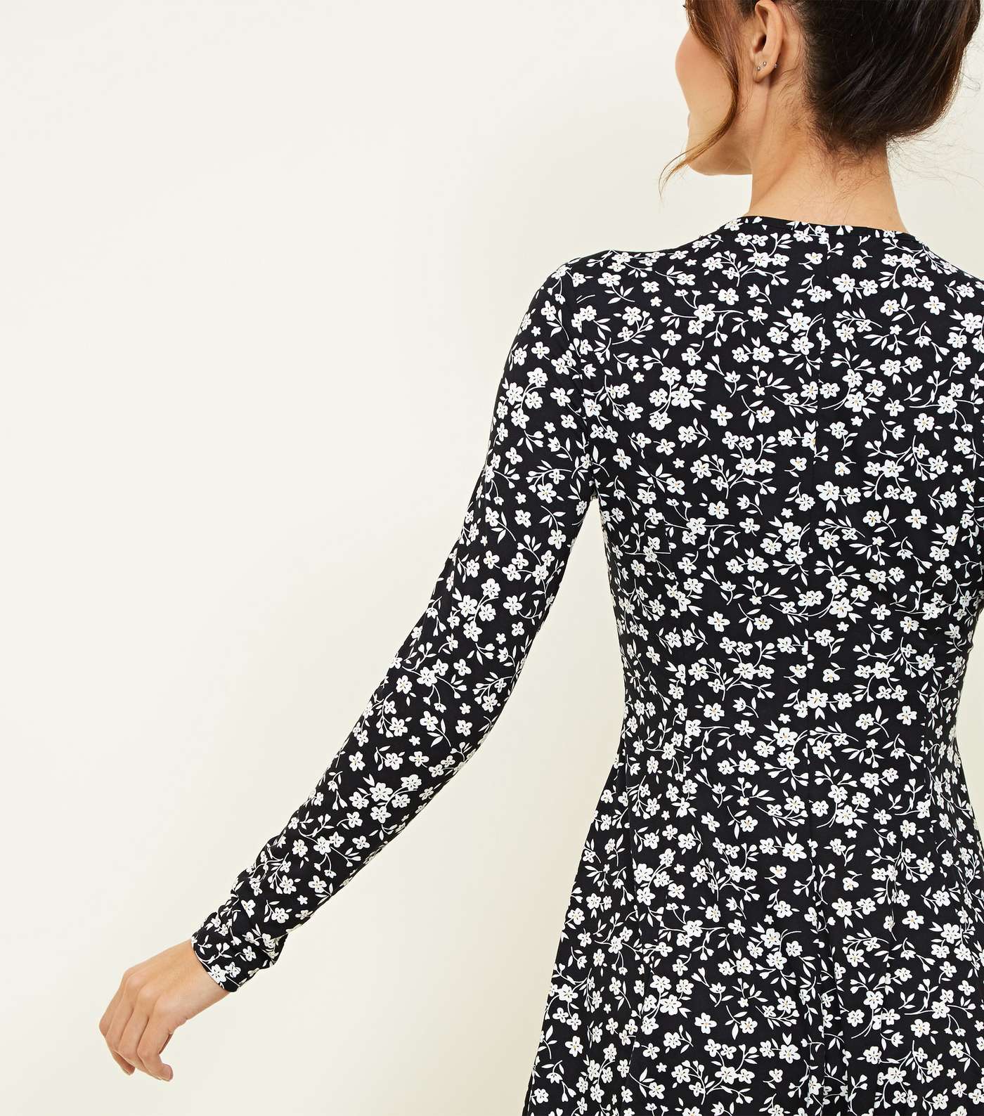Black Ditsy Floral Zip Neck Soft Touch Swing Dress Image 3