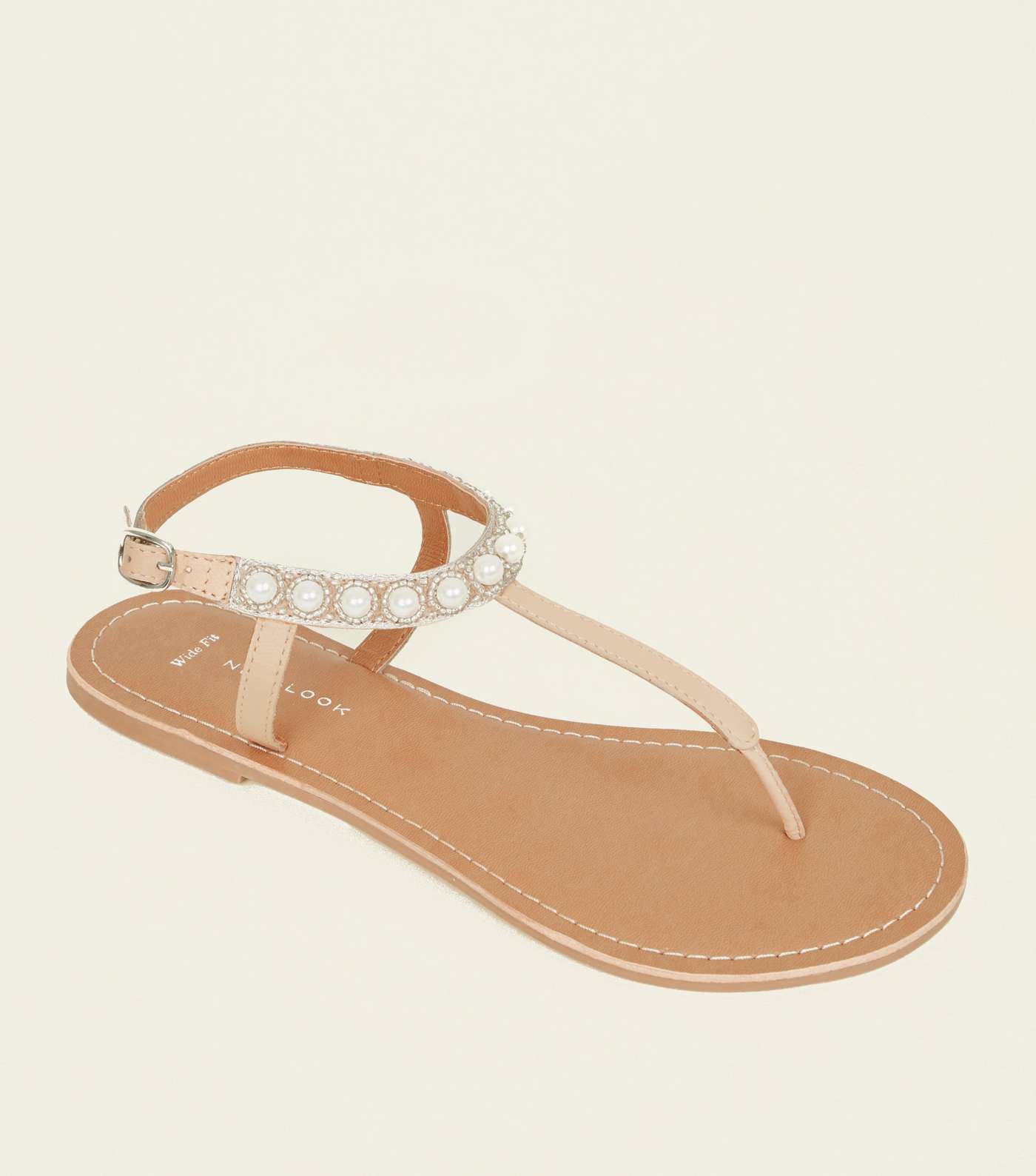 Wide Fit Nude Leather Faux Pearl Embellished Sandals 