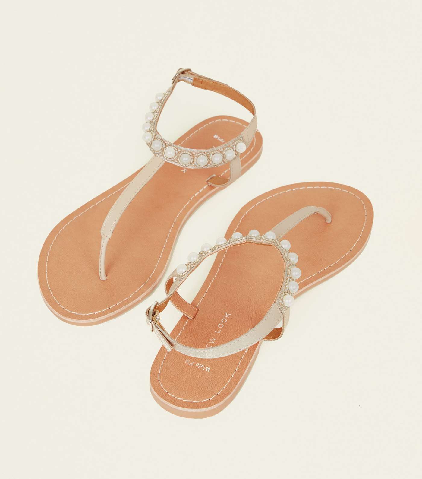 Wide Fit Nude Leather Faux Pearl Embellished Sandals  Image 3