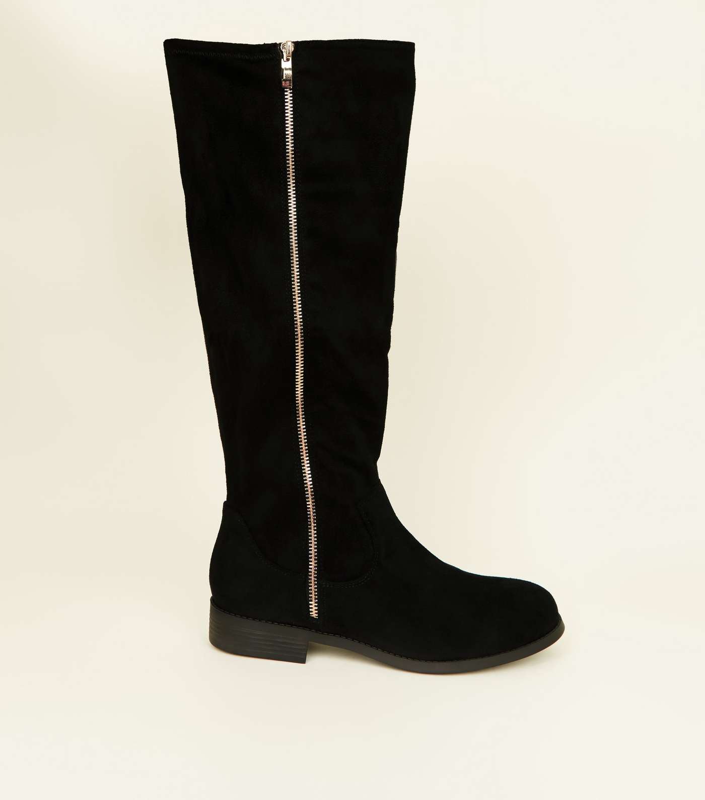 Wide Fit Black Zip Side Knee High Flat Boots 