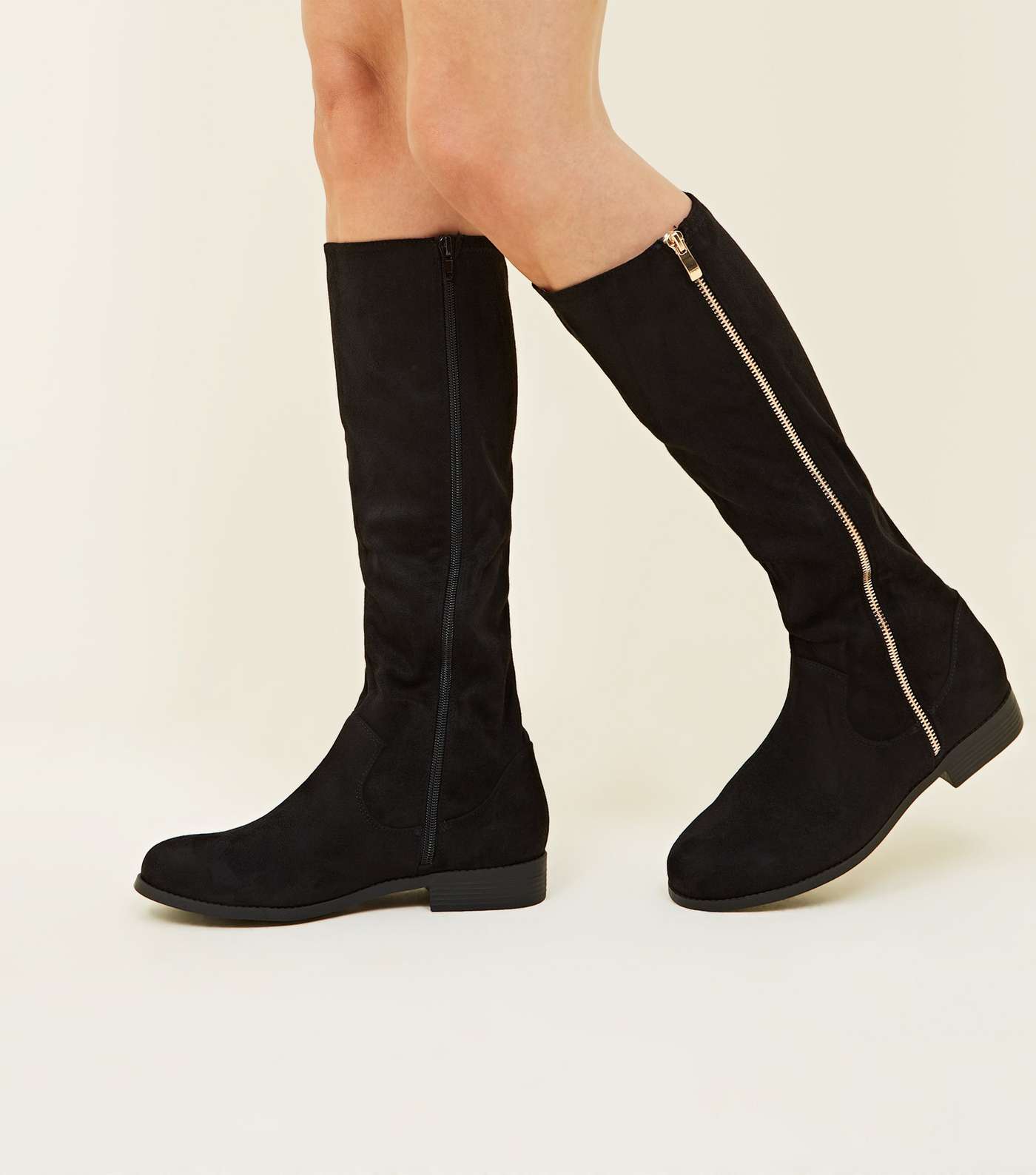 Wide Fit Black Zip Side Knee High Flat Boots  Image 5