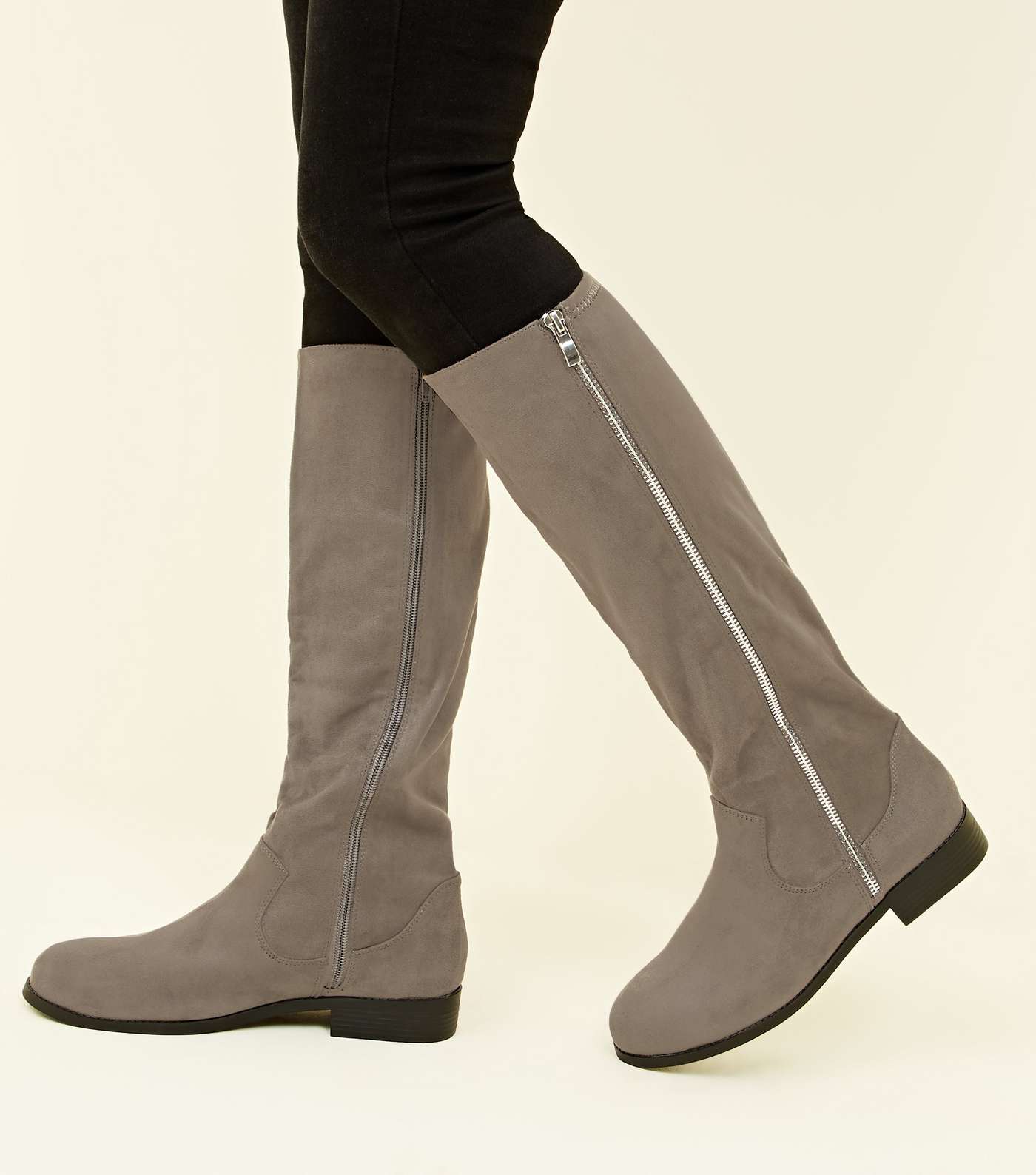 Wide Fit Grey Zip Side Knee High Flat Boots  Image 2
