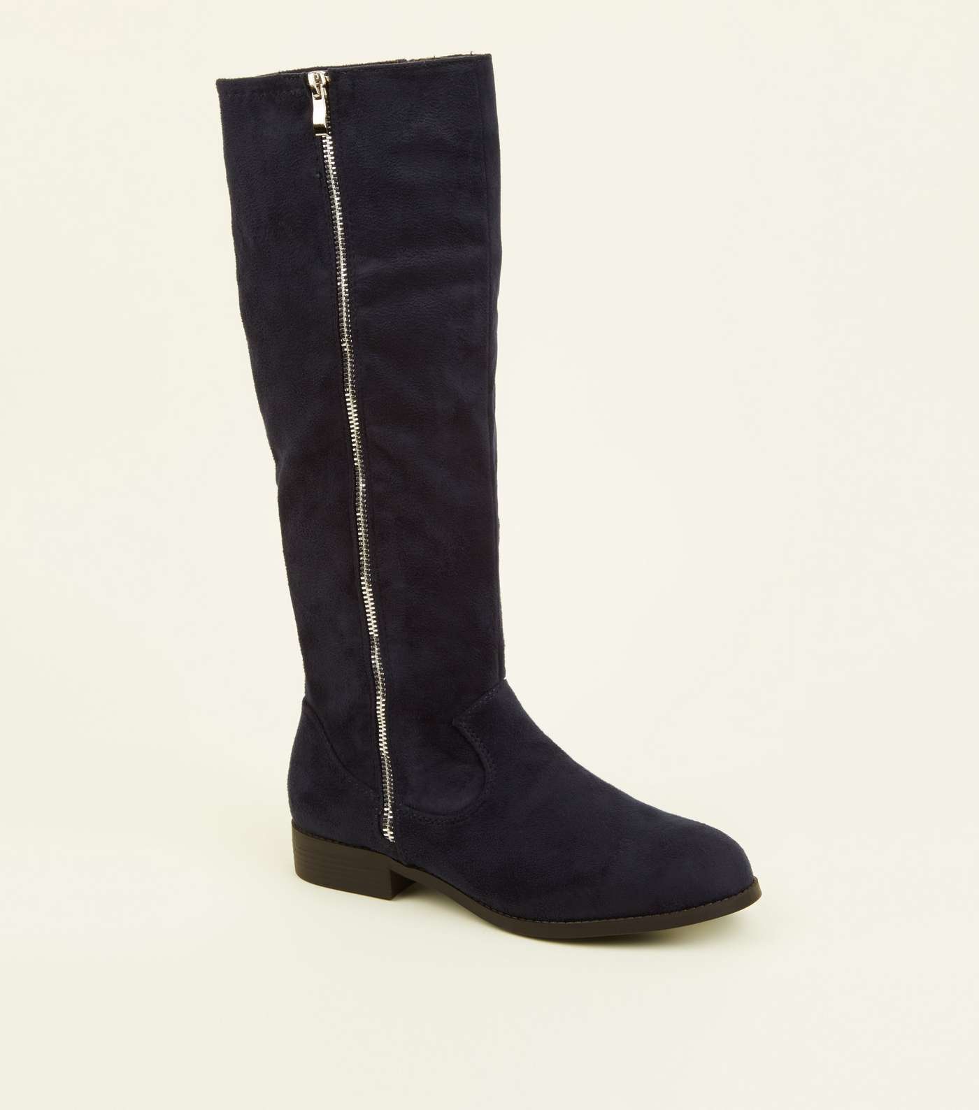 Wide Fit Navy Zip Side Knee High Flat Boots 