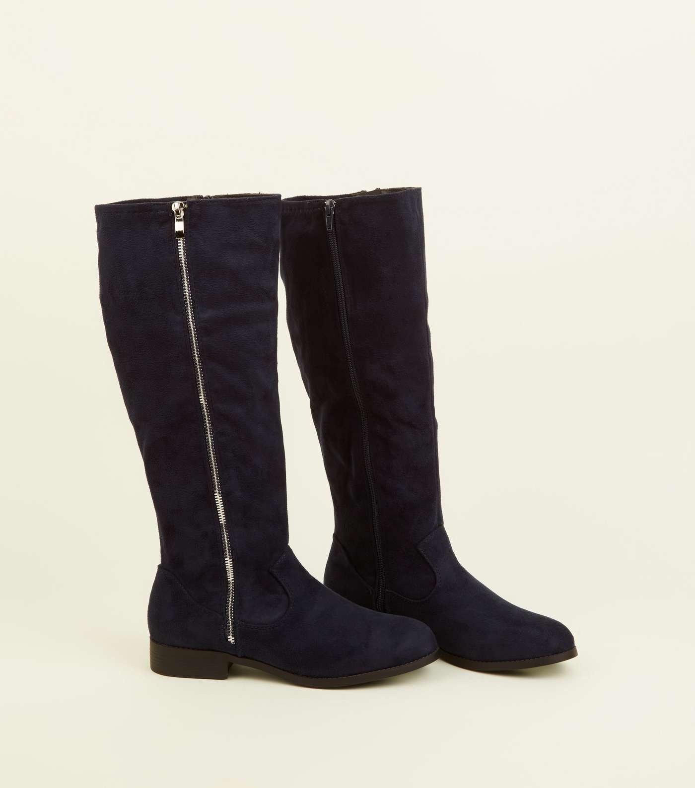 Wide Fit Navy Zip Side Knee High Flat Boots  Image 3