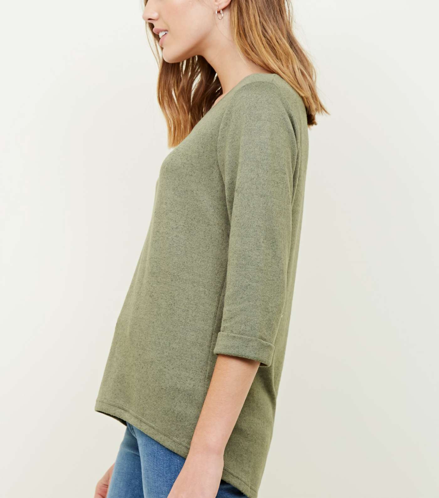 Olive Green 3/4 Sleeve Fine Knit Top Image 3