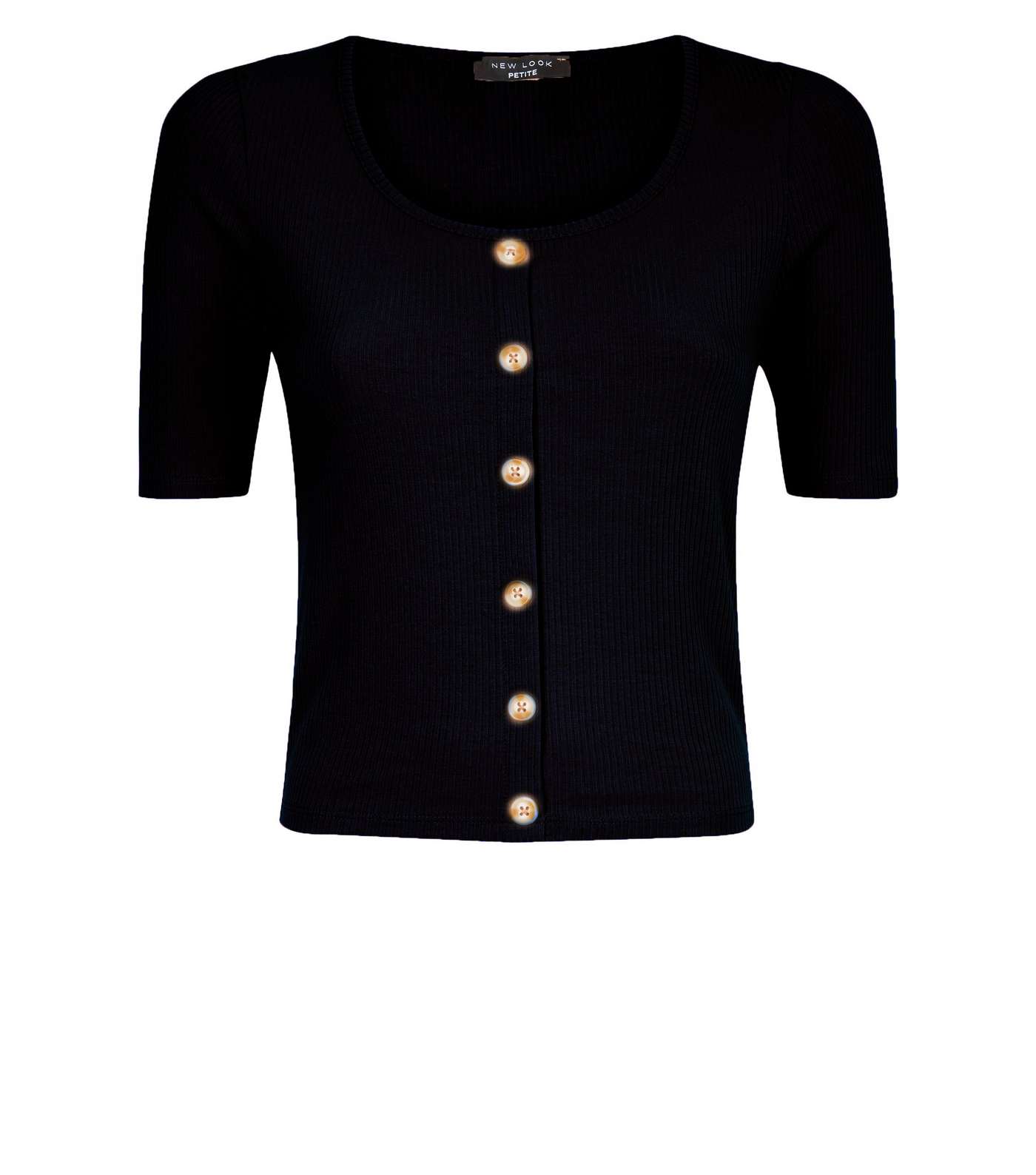 Petite Black Ribbed Button Front T-Shirt  Image 4
