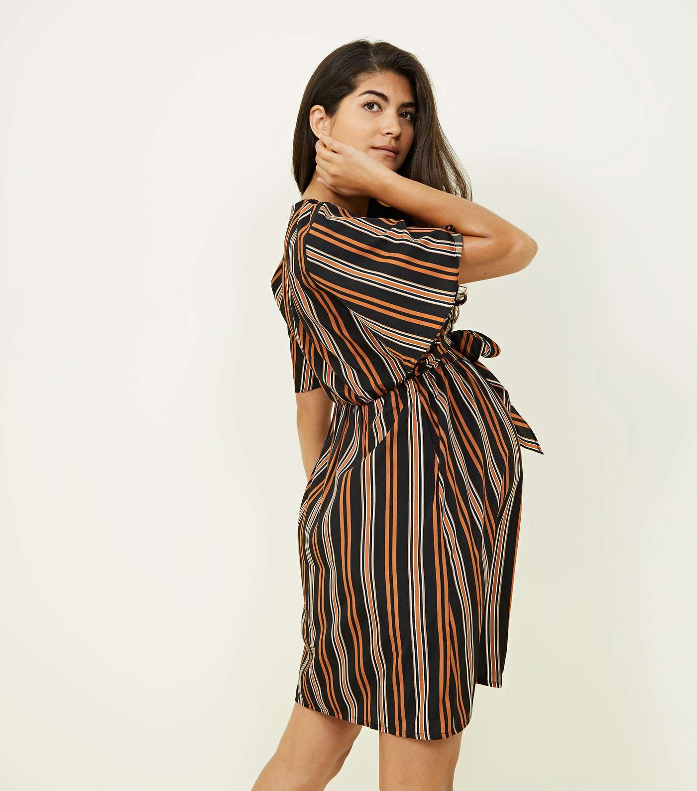 Maternity Black and Rust Stripe Tie Front Dress Image 3