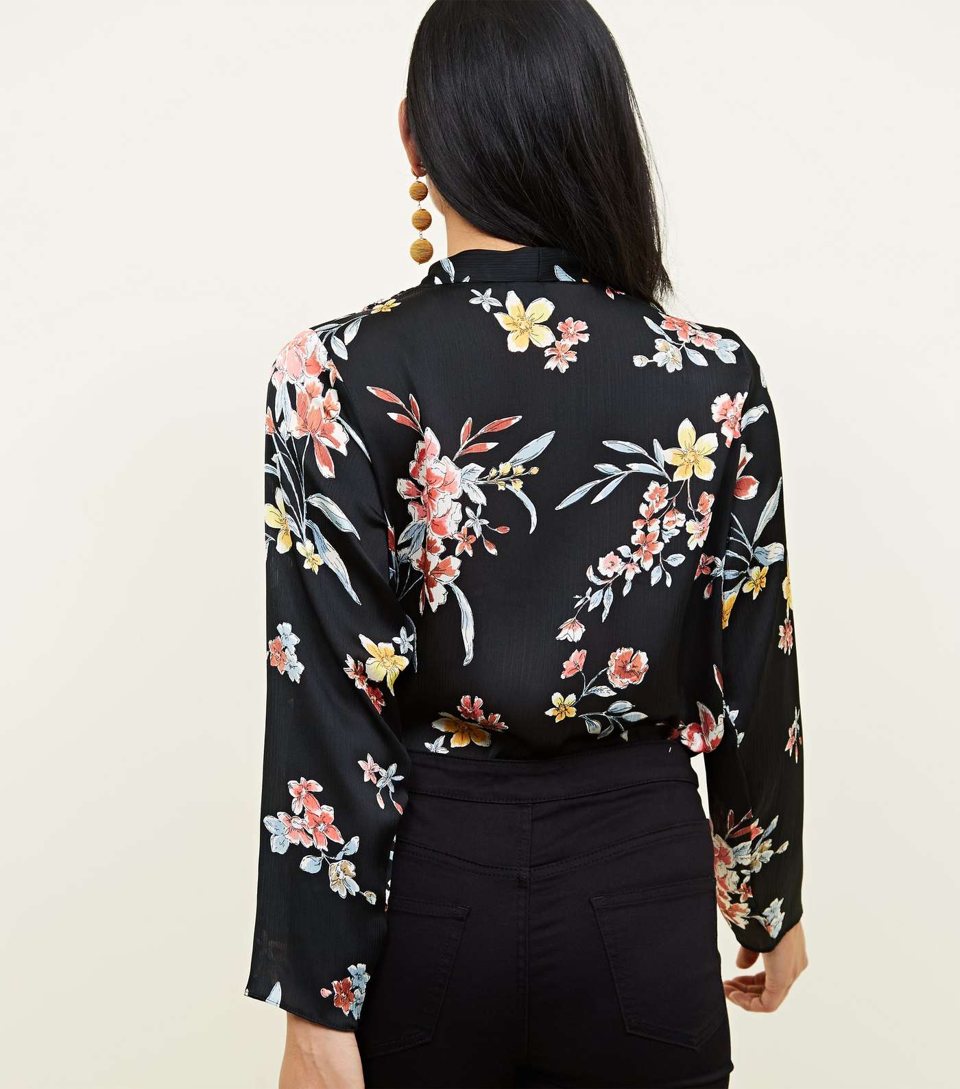 Petite Black Floral  Plunge V-Neck Wrap Bodysuit  Image 3