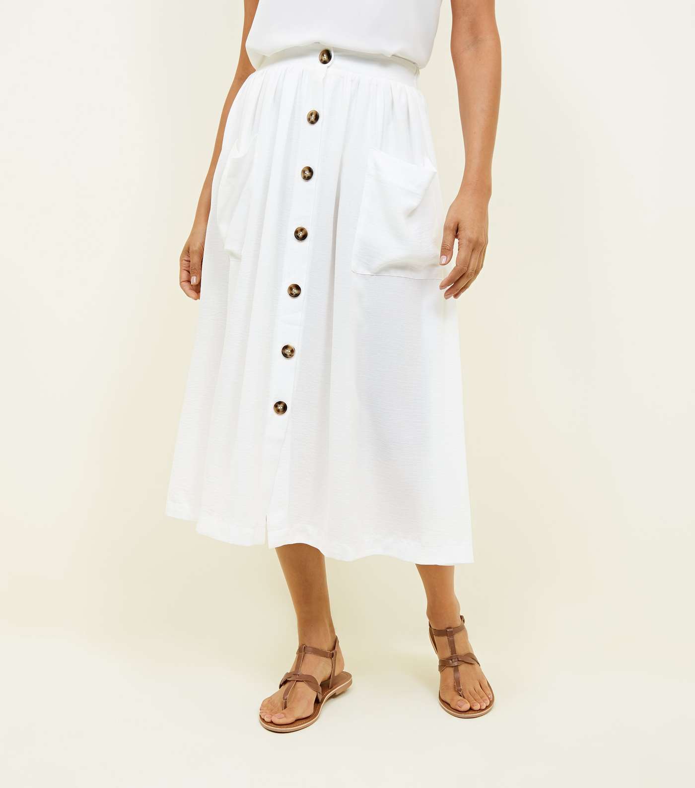 White Button Through Pocket Midi Skirt Image 2