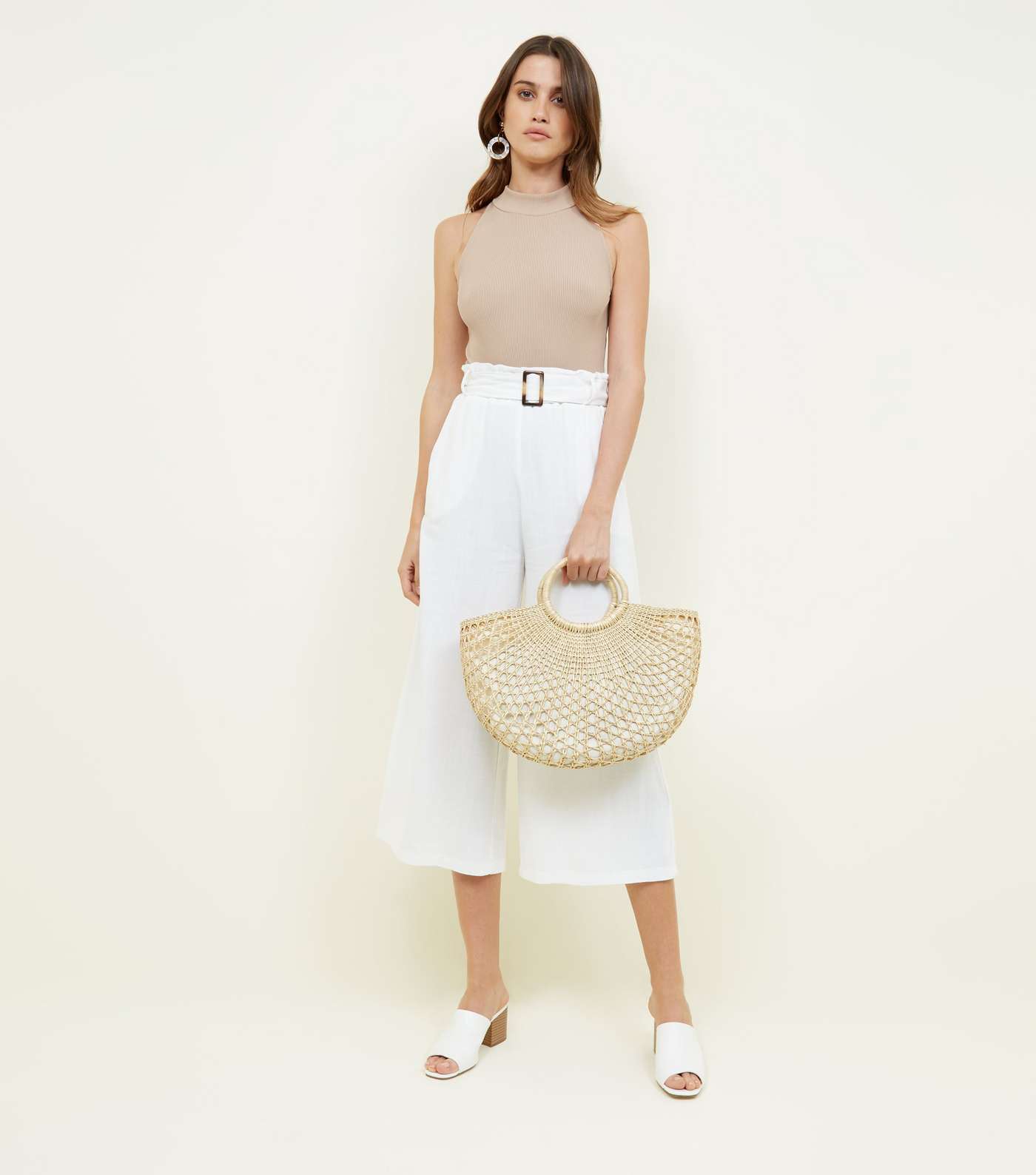 White Linen-Look Belted Culottes