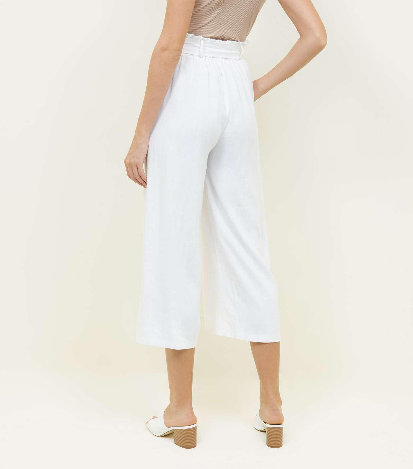 White Linen-Look Belted Culottes Image 3