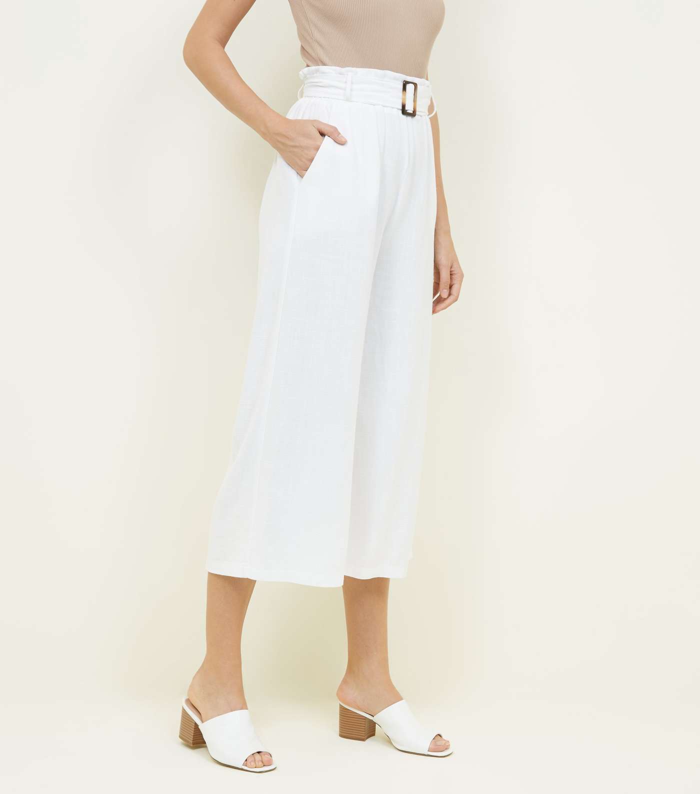 White Linen-Look Belted Culottes Image 5