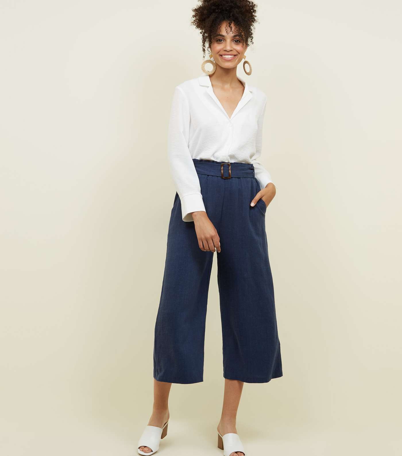 Navy Linen-Look Belted Culottes 