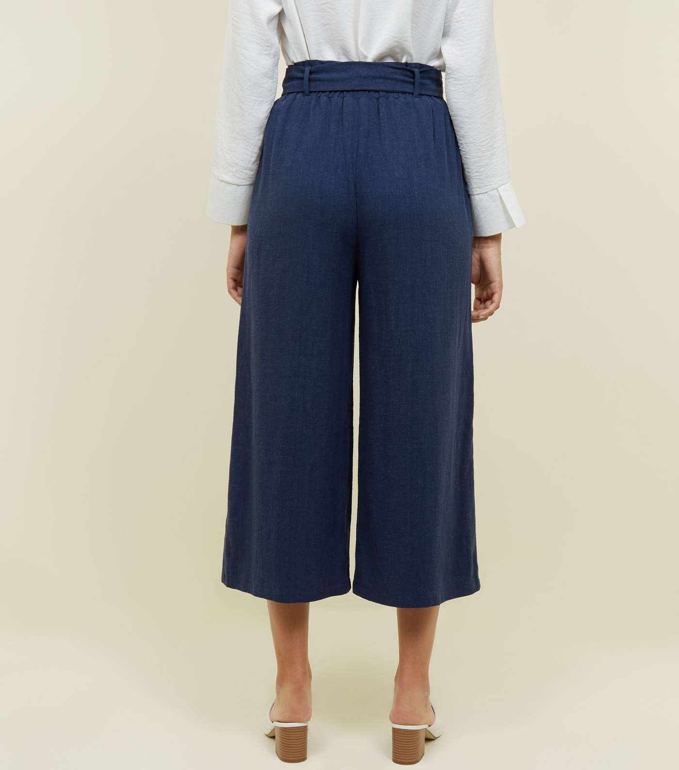 Navy Linen-Look Belted Culottes  Image 3