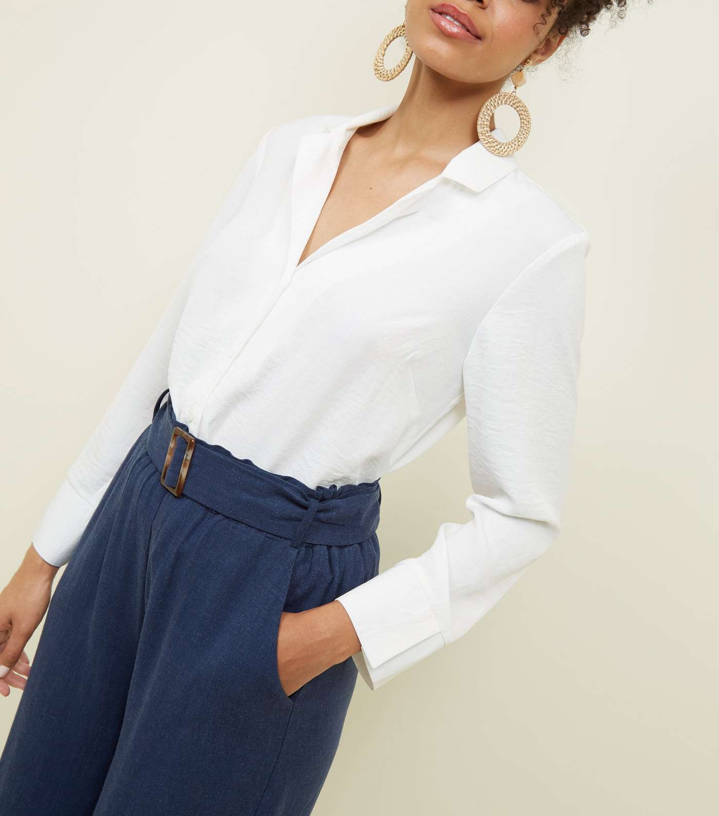 Navy Linen-Look Belted Culottes  Image 5