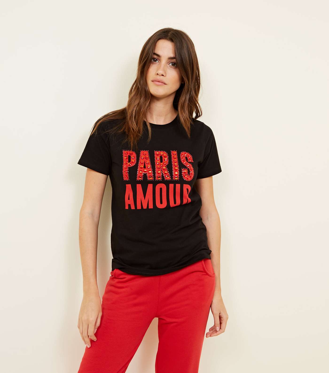 Black Paris Amour Gem Embellished Slogan T-Shirt