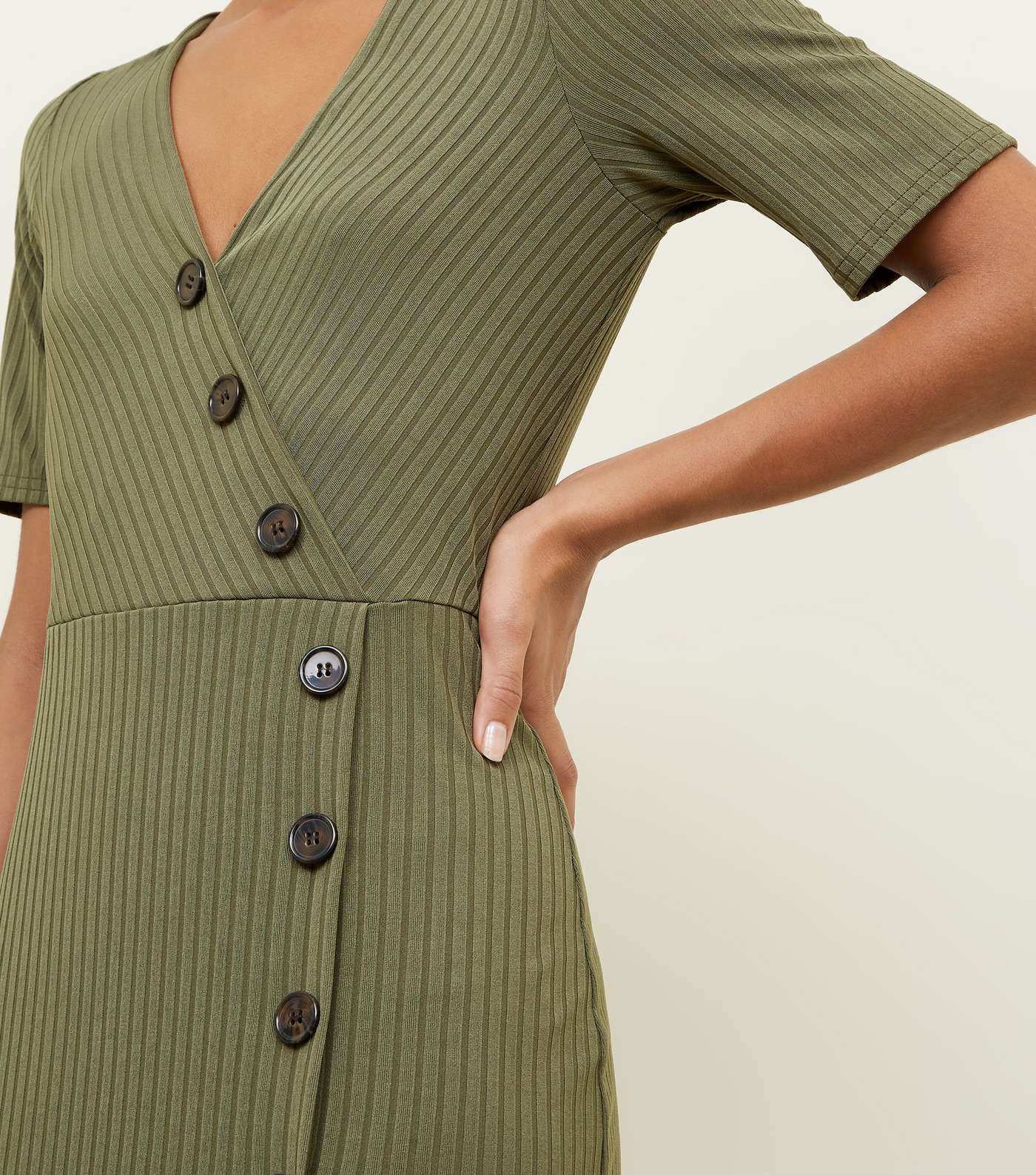 Khaki Ribbed Button Wrap Midi Dress Image 3