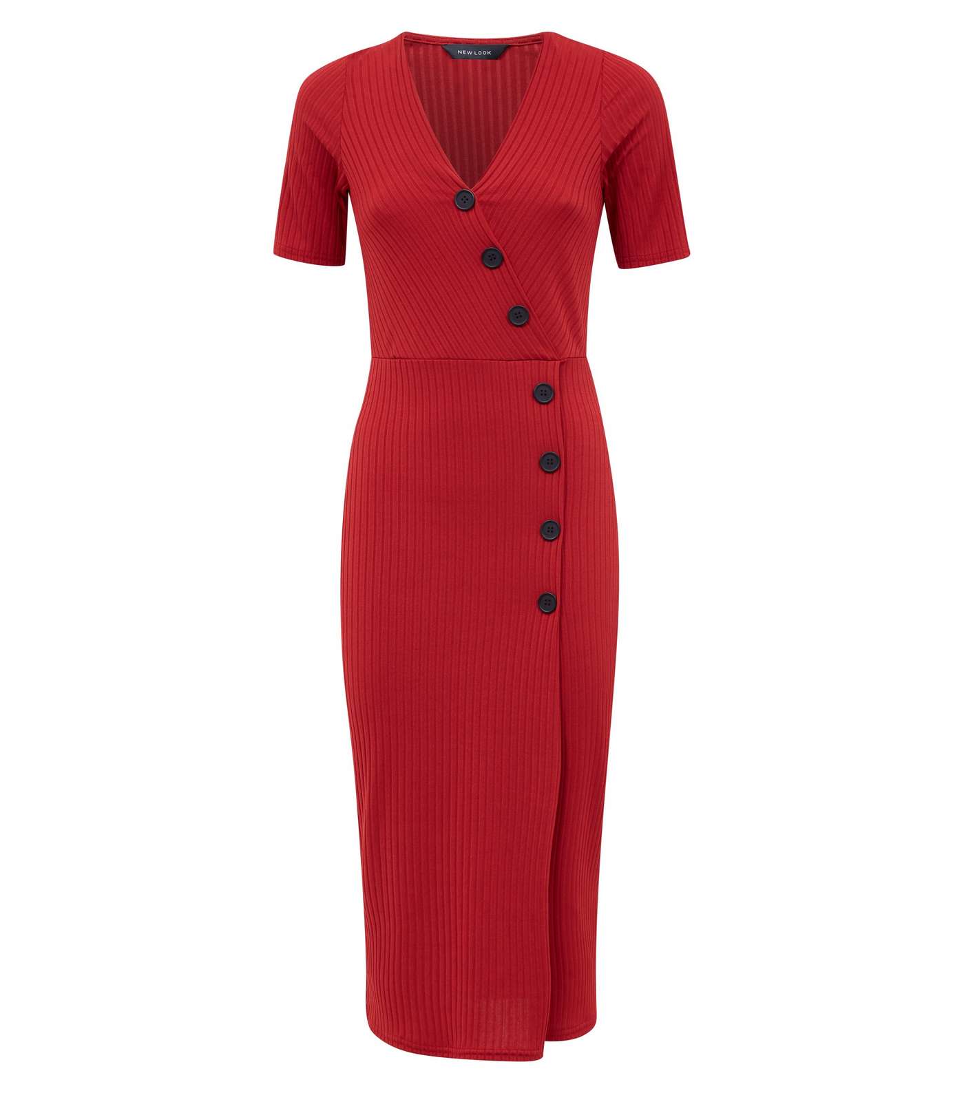 Red Ribbed Button Wrap Front Midi Dress Image 4