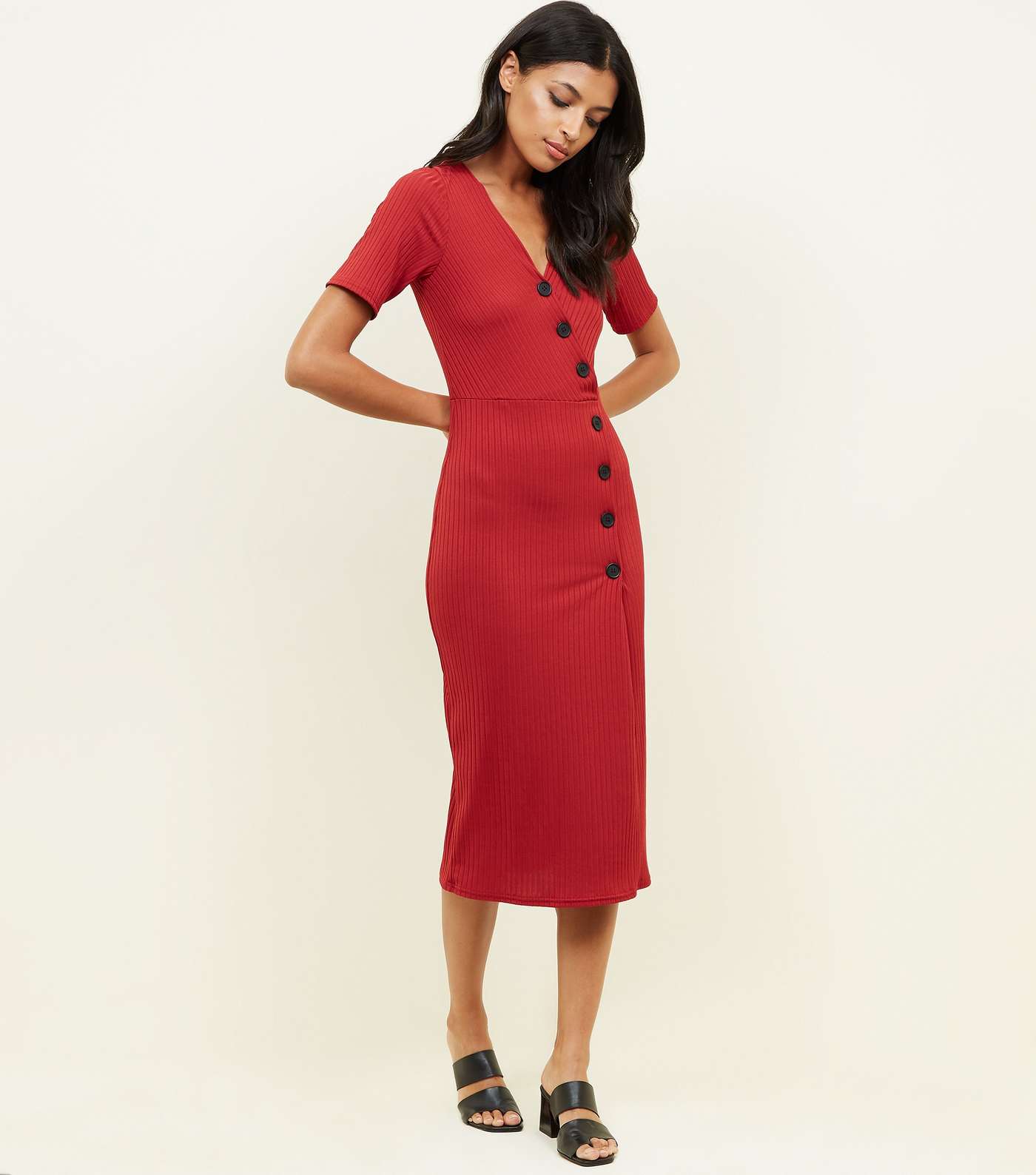 Red Ribbed Button Wrap Front Midi Dress Image 2