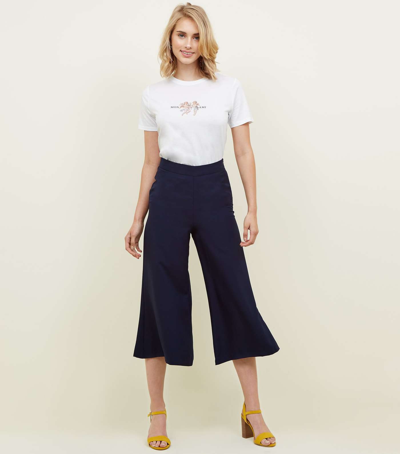 Navy Crepe Cropped Flared Trousers