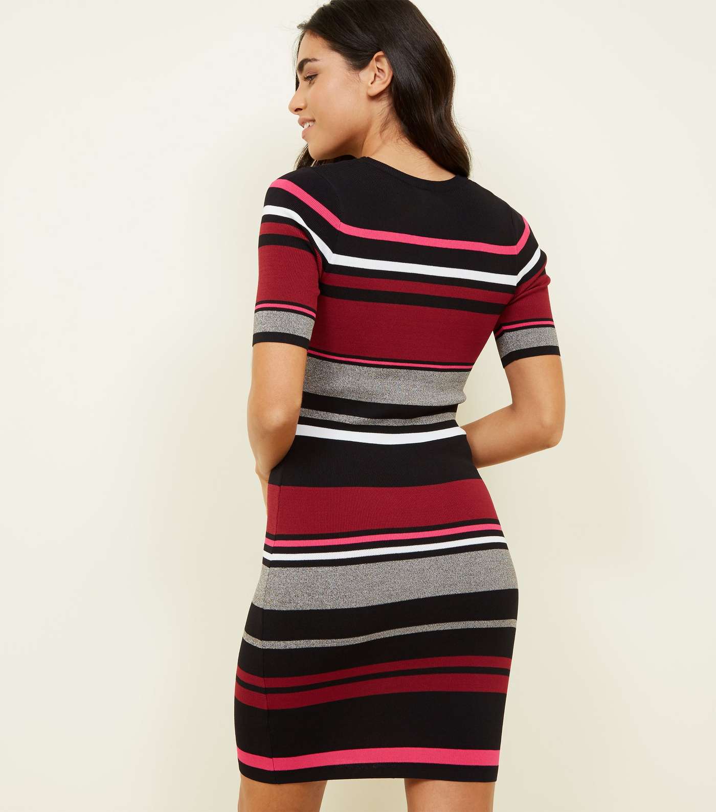 Multicolour Burgundy Block Stripe Ribbed Bodycon Dress Image 3