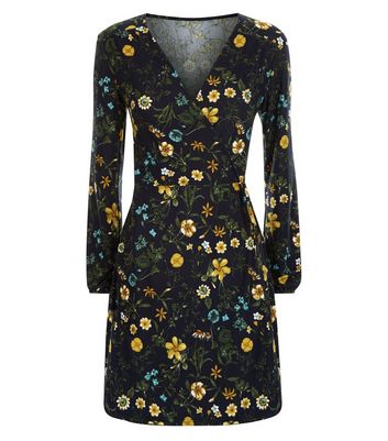 blue vanilla floral wrap dress