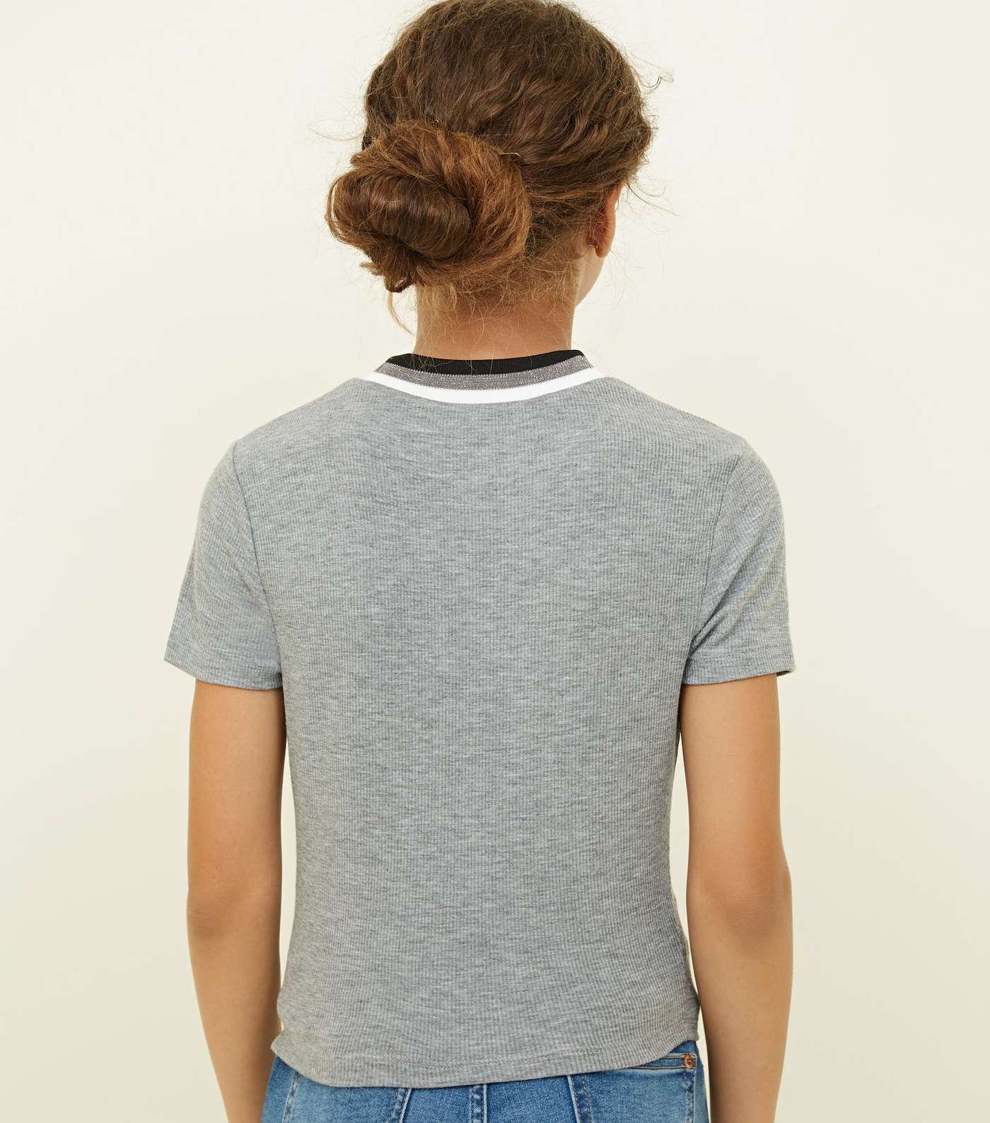 Girls Grey Marl Ribbed Glitter Crew Neck T-Shirt  Image 3