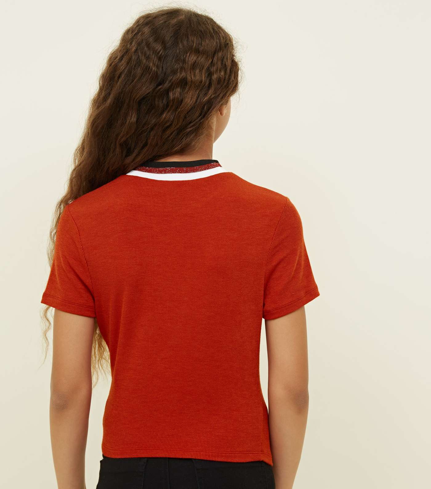 Girls Orange Ribbed Glitter Crew Neck T-Shirt  Image 3