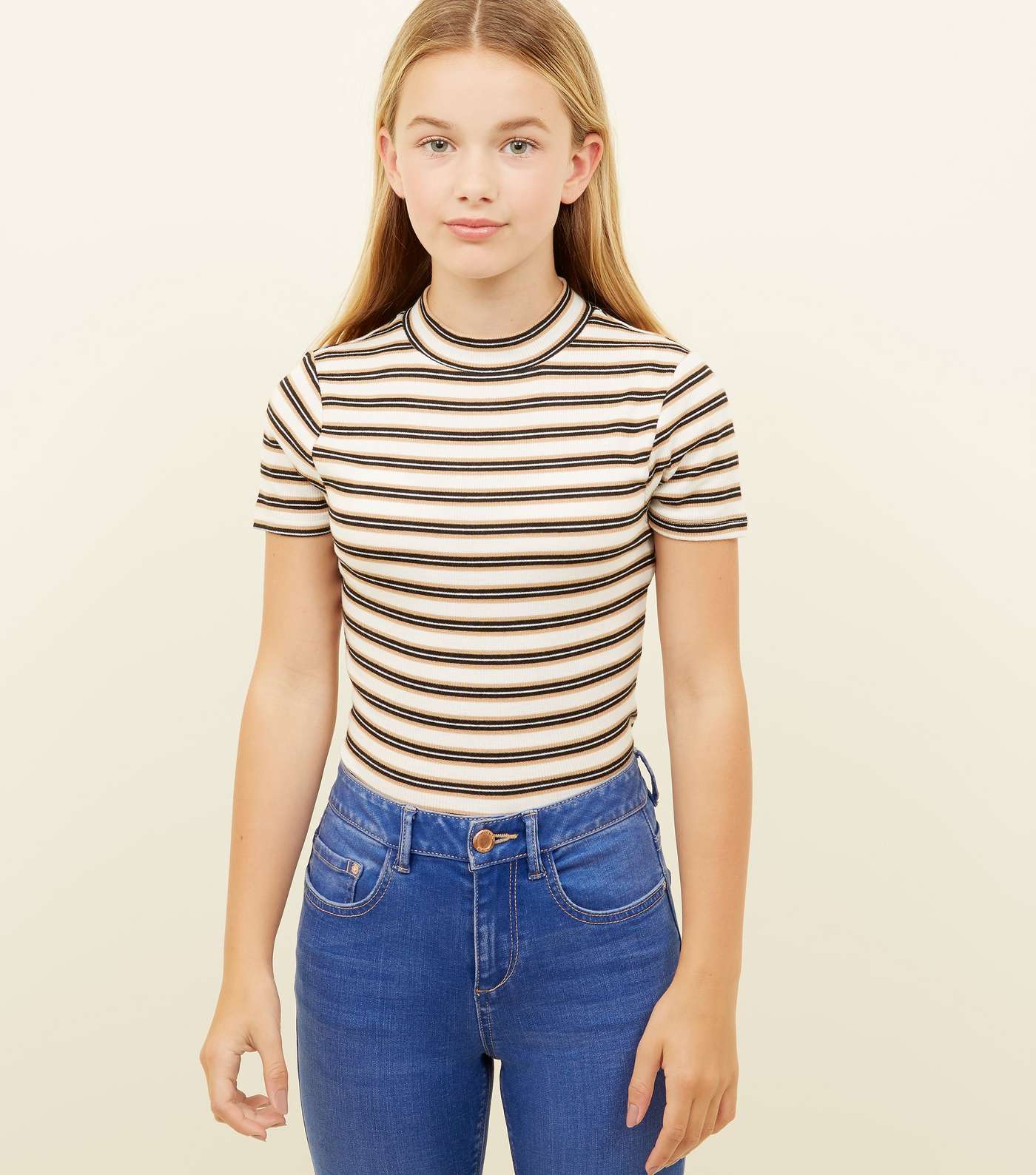 Girls Brown Stripe Ribbed High Neck T-Shirt