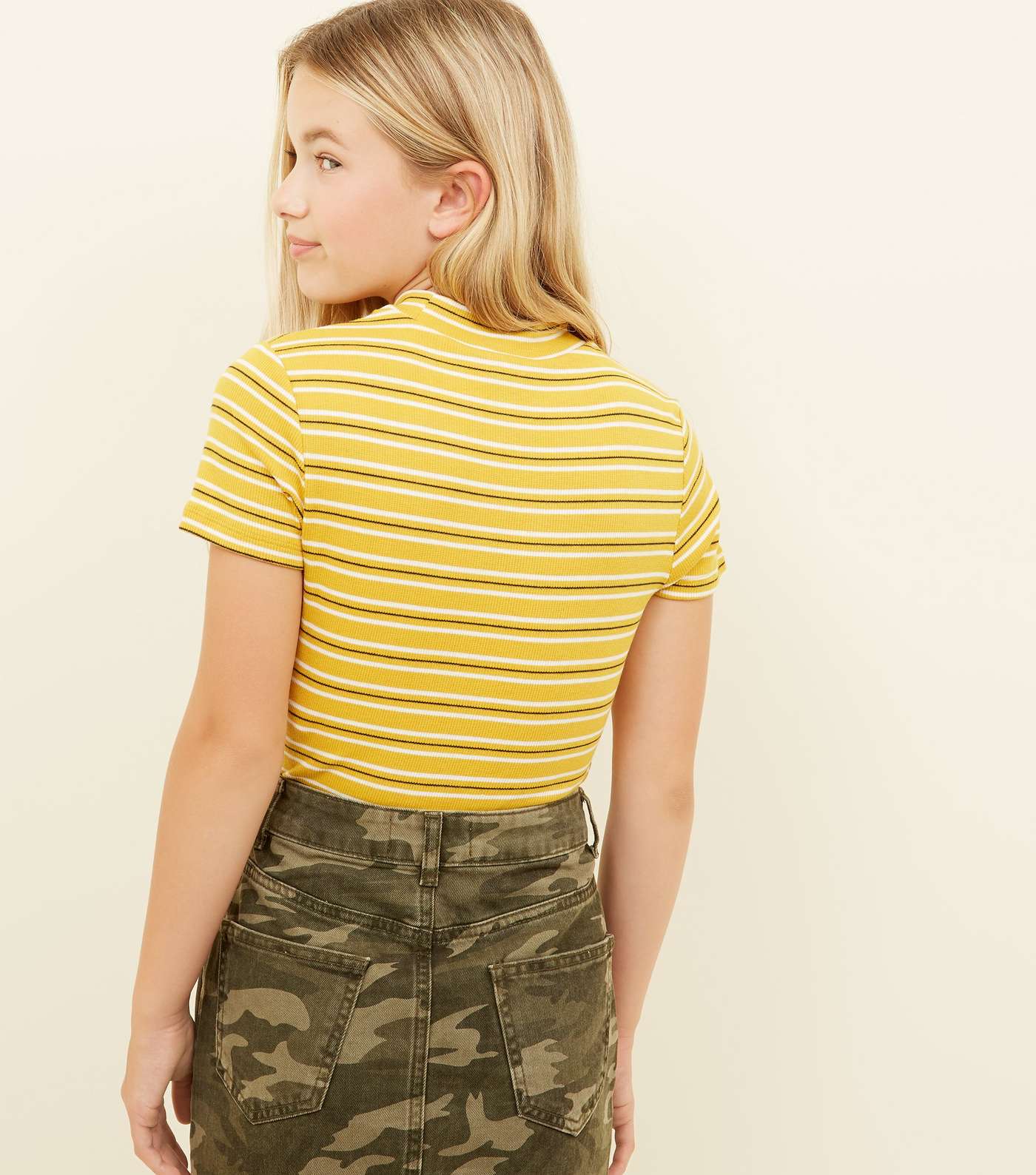 Girls Yellow Stripe Ribbed High Neck T-Shirt Image 3