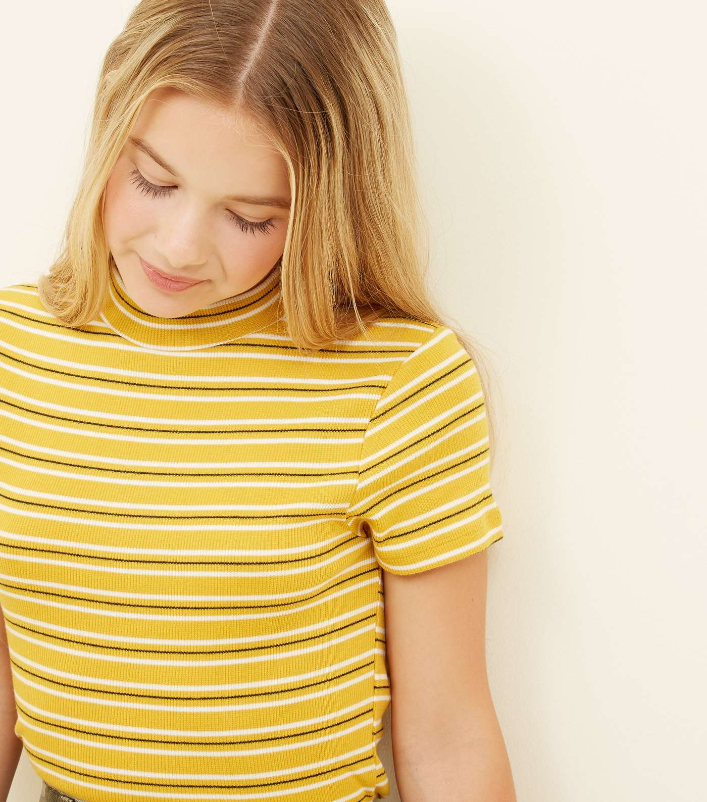 Girls Yellow Stripe Ribbed High Neck T-Shirt Image 5