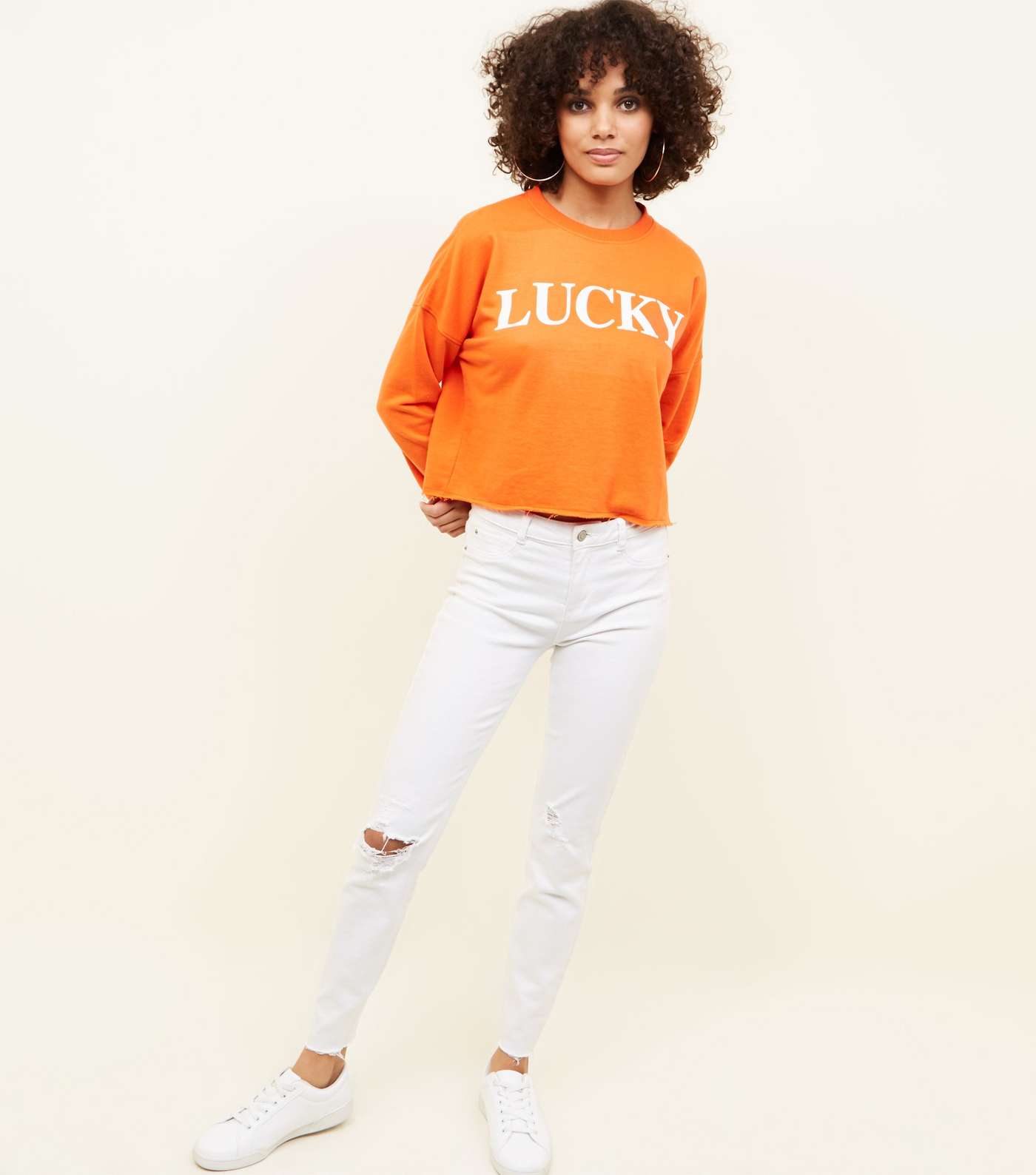 Bright Orange Lucky Slogan Cropped Sweatshirt Image 2