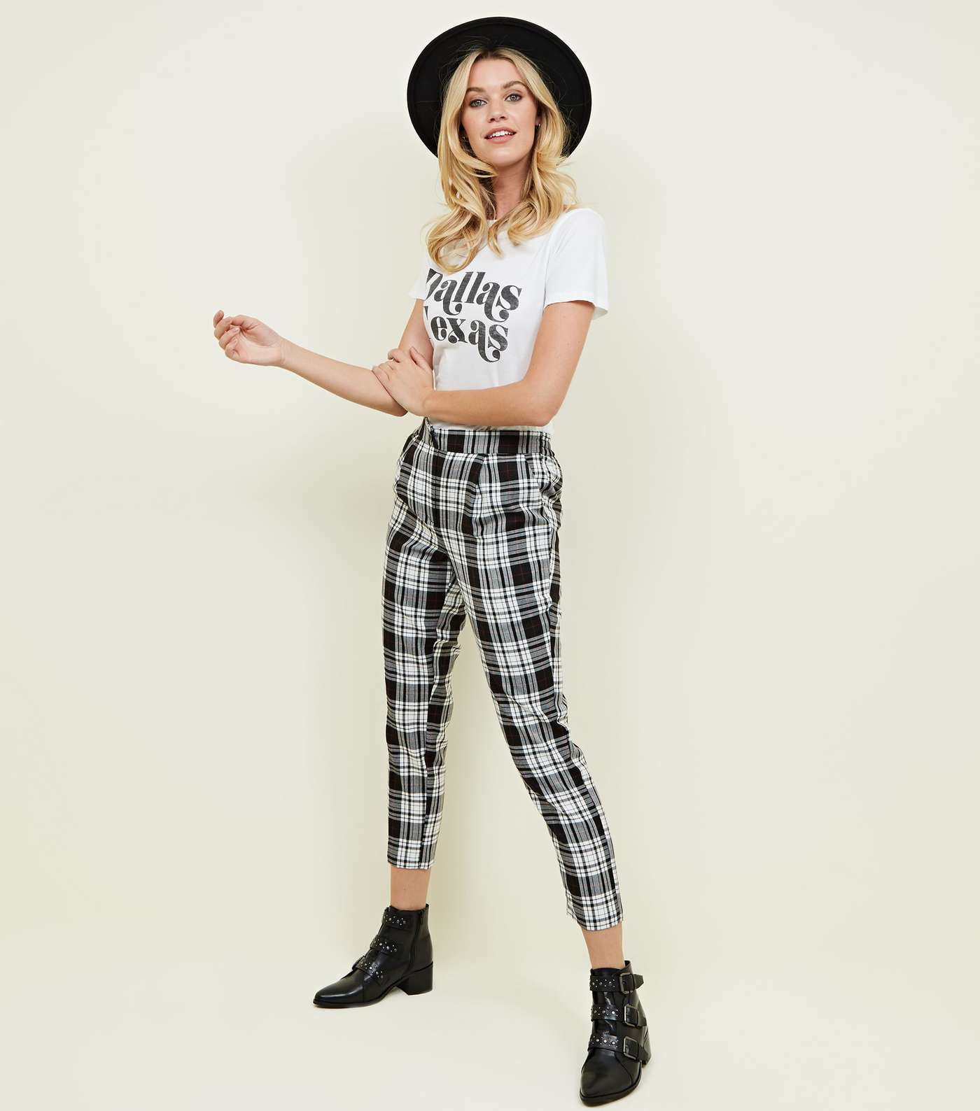 Monochrome Check Shirred Back Tapered Trousers