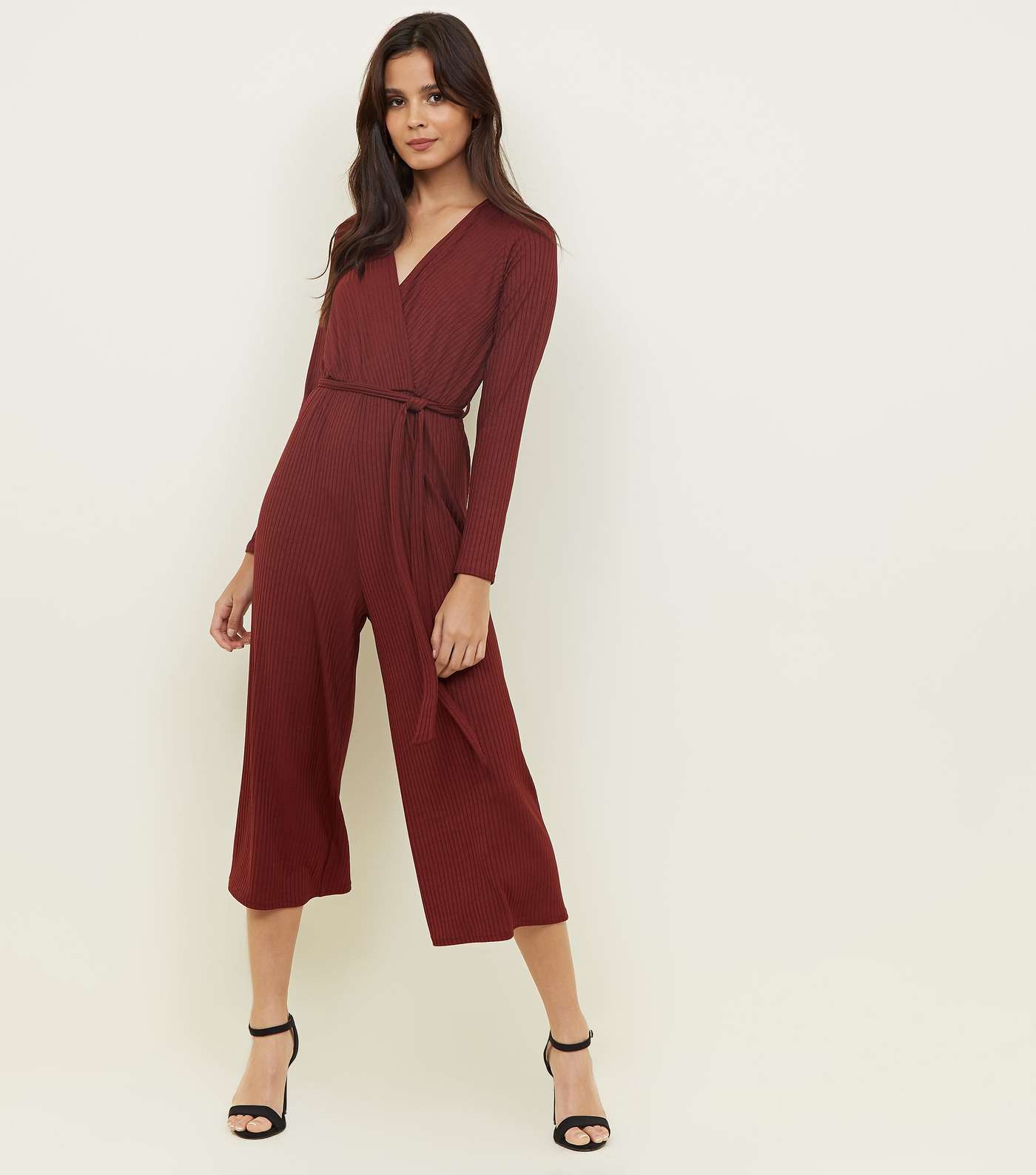 Burgundy Ribbed Long Sleeve Wrap Front Jumpsuit