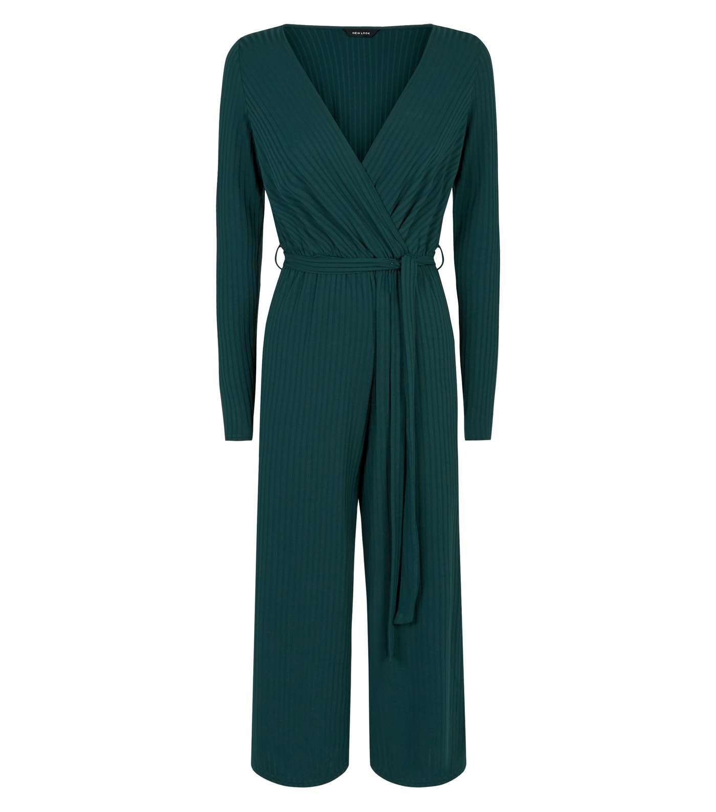 Dark Green Ribbed Long Sleeve Wrap Front Jumpsuit Image 4